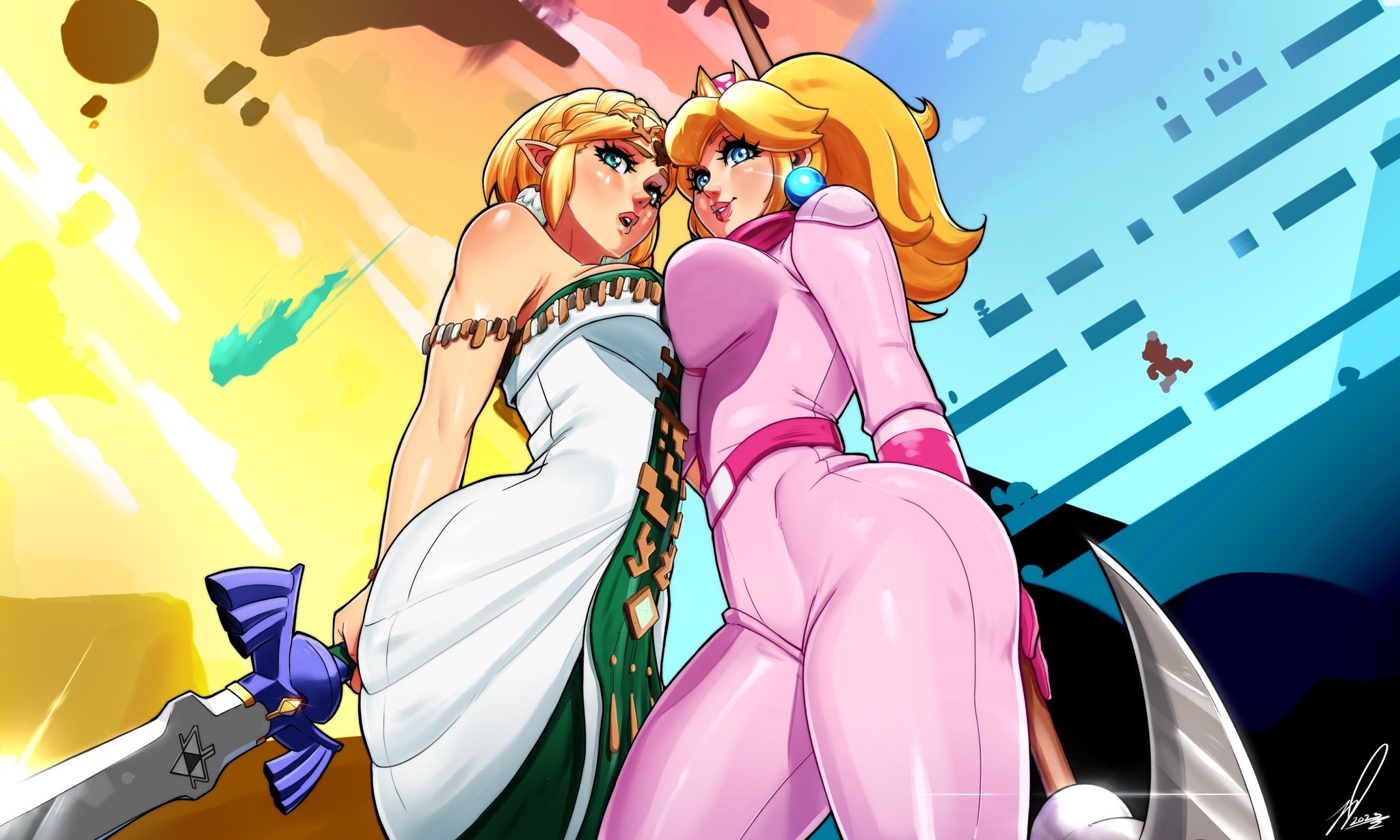 2girls, asymmetrical docking, breasts, clothing, crossover, female, female only, holding weapon, kooj artz, large breasts, mario (series), master sword, medium breasts, multiple females, multiple girls, nintendo, princess peach, princess zelda, standing, super mario bros., super mario bros. (2023 film), sword, tears of the kingdom, the legend of zelda, weapon, zelda (tears of the kingdom), zonai outfit