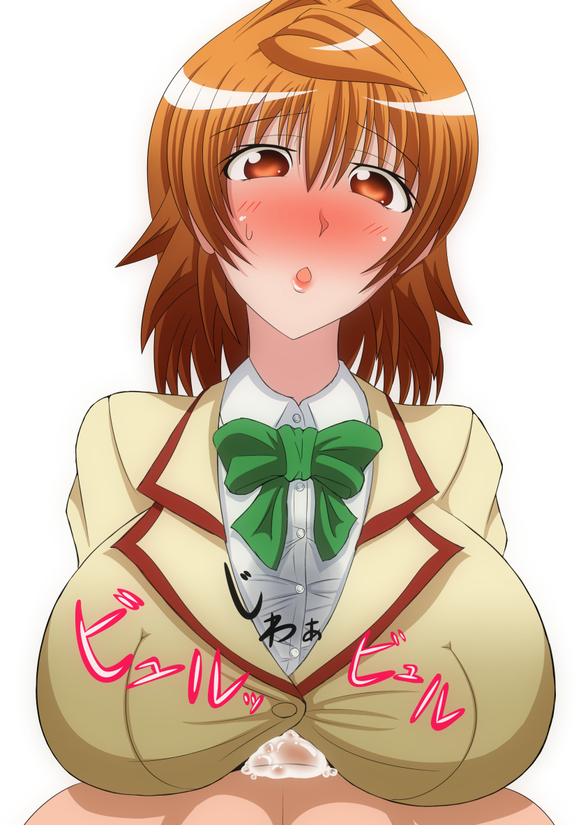 1boy 1girls beige_skin blush bow breasts brown_hair clothes color cum cum_between_breasts dress_shirt ejaculation_between_breasts female female_focus hair huge_breasts human igatto large_breasts male male_pov open_eyes paizuri paizuri_under_clothes penis pov rule_63 school_uniform shirt straight sweatdrop text to_love-ru uncensored white_background yuuki_rito yuusaki_riko