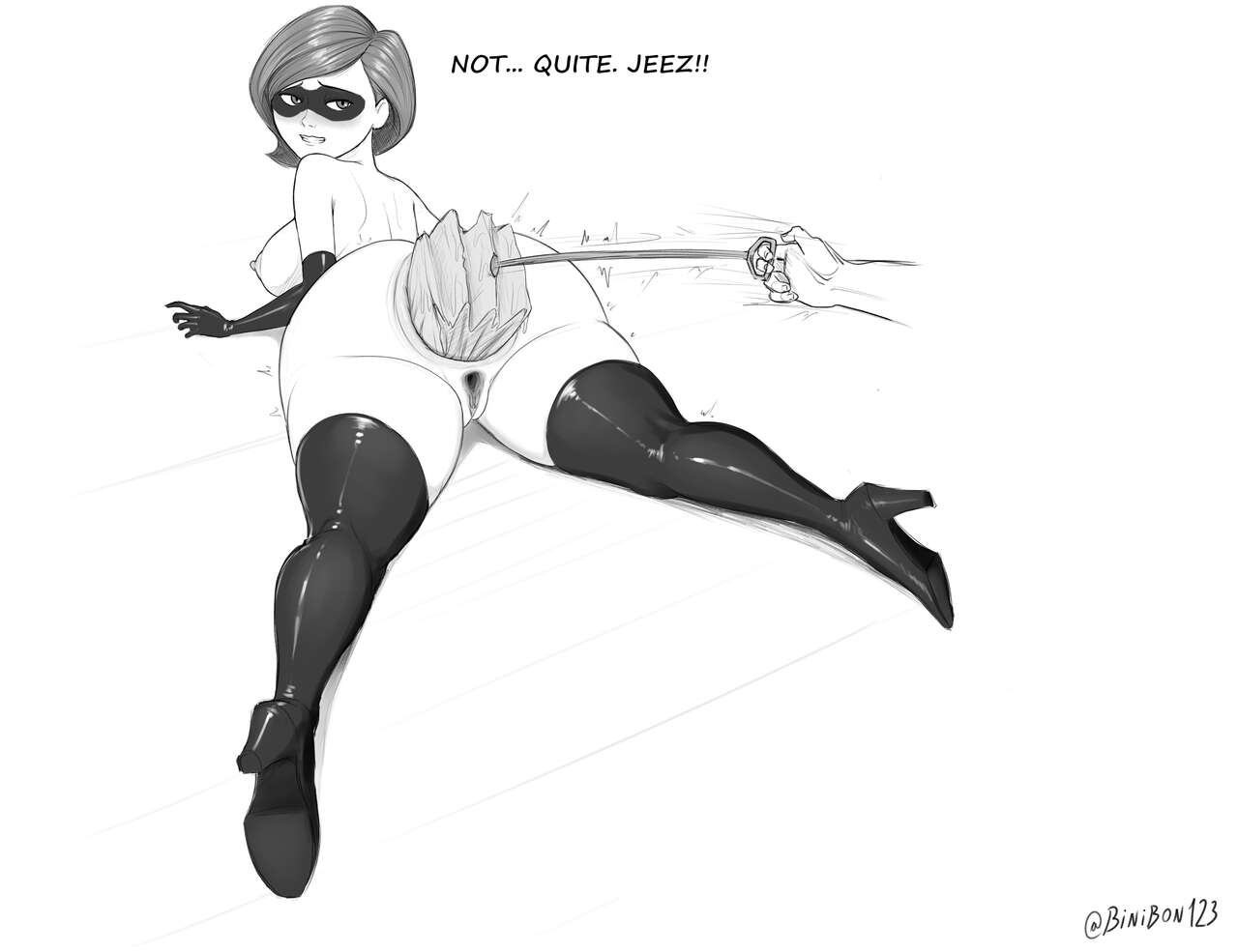 1girls anal anal_object_insertion anus anus_focus ass ass_focus binibon123 boots english_text from_behind gloves helen_parr inflatable_buttplug long_gloves mask masked_female object_in_ass prone raft solo solo_female tagme the_incredibles thigh_boots