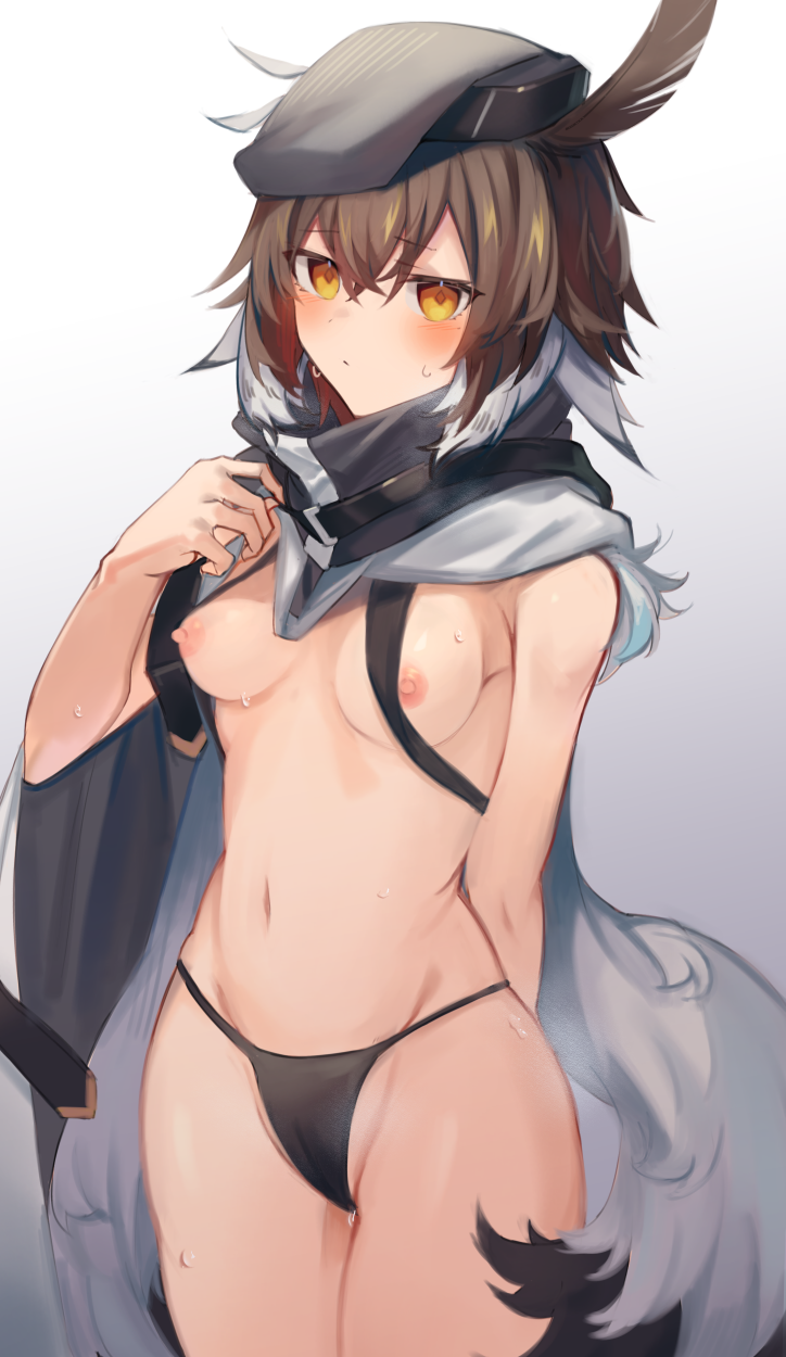 ahoge arknights beret bird_girl black_headwear black_panties blush breasts brown_hair cameltoe cloak commentary_request feather_hair female grey_background hair_between_eyes hat highres looking_at_viewer medium_breasts medium_hair multicolored_hair navel nervous_smile nipple_slip nipples panties plume_(arknights) sasa_onigiri simple_background sling_bikini_top smile solo sweat two-tone_hair underwear white_hair yellow_eyes