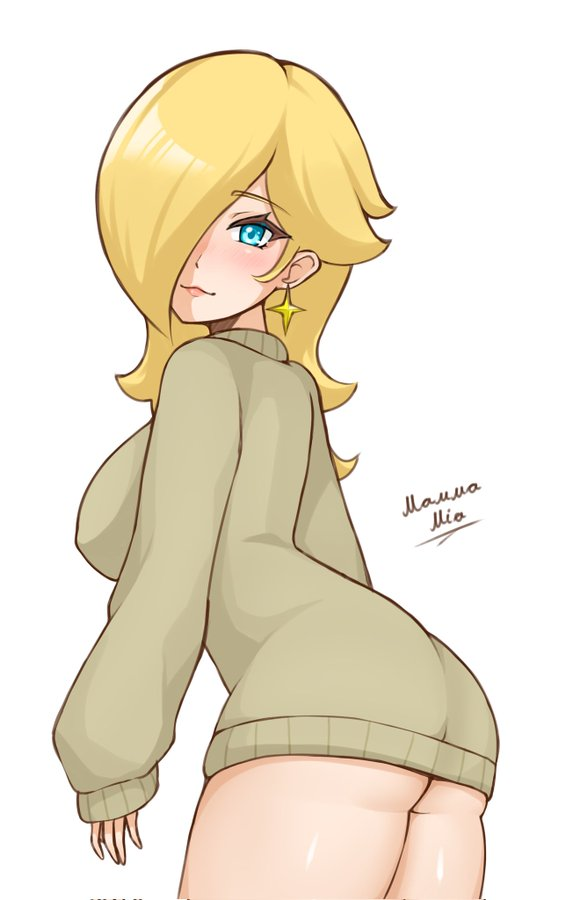 2d artist_signature ass_visible_through_clothes big_breasts blonde_hair blue_eyes blush cute fingers hair_over_one_eye jumper jumper_dress long_sleeves looking_at_viewer low-angle_view mamma_mia_(artist) mario_(series) nintendo princess_rosalina small_lips super_mario_galaxy sweater_dress