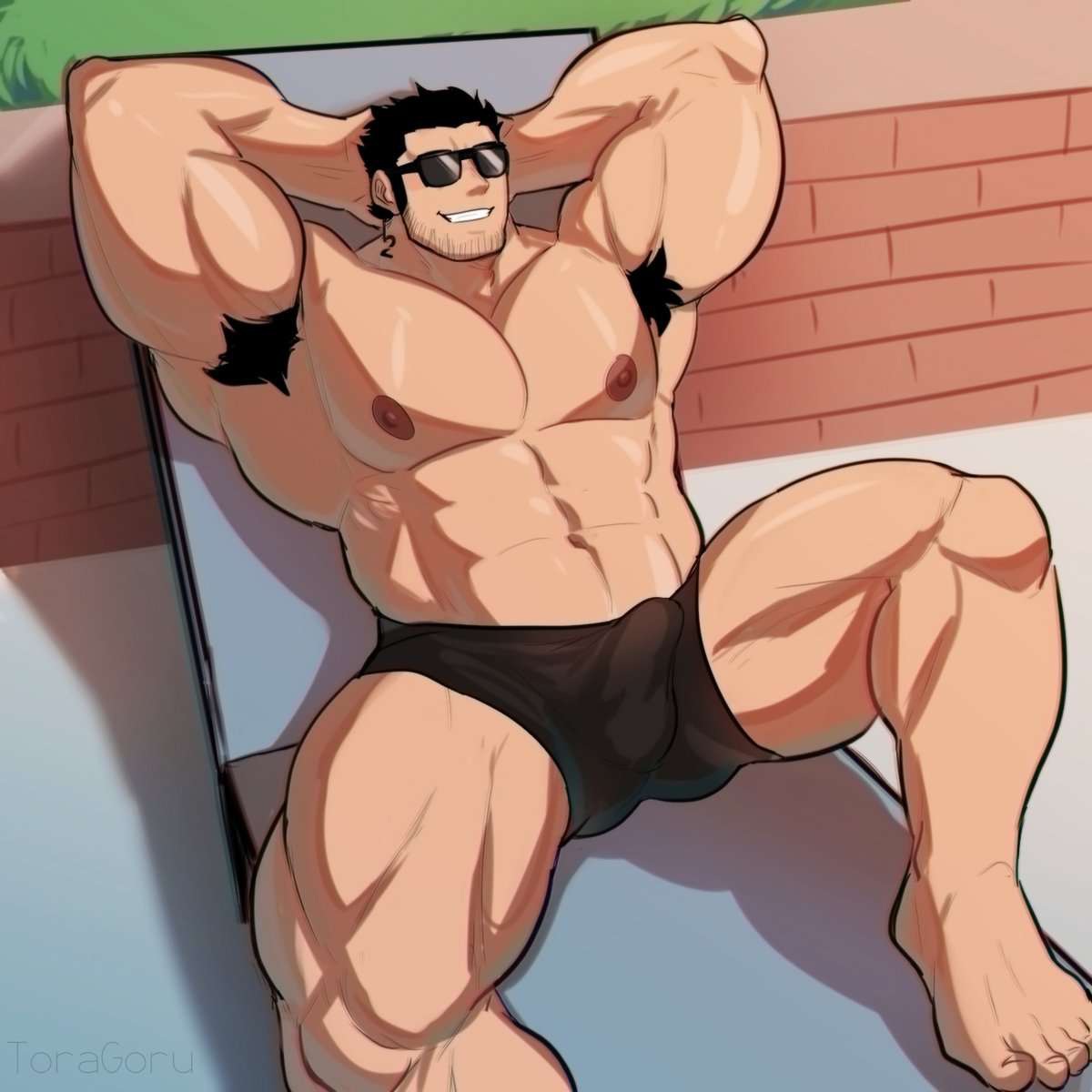 armpit_hair balls bara black_hair bulge facial_hair hands_behind_head lucas_lee male male_focus male_only muscles muscular penis scott_pilgrim solo solo_male spread_legs sunglasses tigergoru underwear underwear_only