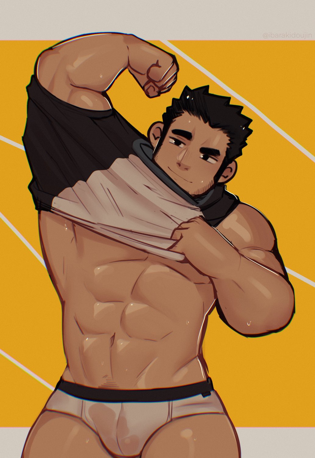 balls bara black_hair bulge facial_hair flexing ibarakidoujin_(artist) lucas_lee male male_only muscles muscular no_visible_genitalia partially_clothed penis scott_pilgrim shirt solo solo_male sweat sweating underwear