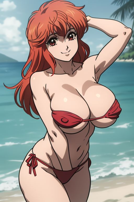 ai_generated bandeau_bikini bastard!! bikini ginger_hair hand_in_thong huge_breasts large_breasts long_hair micro_bikini red_bikini red_eyes red_hair shounen_jump smile tia_noto_yoko underboob