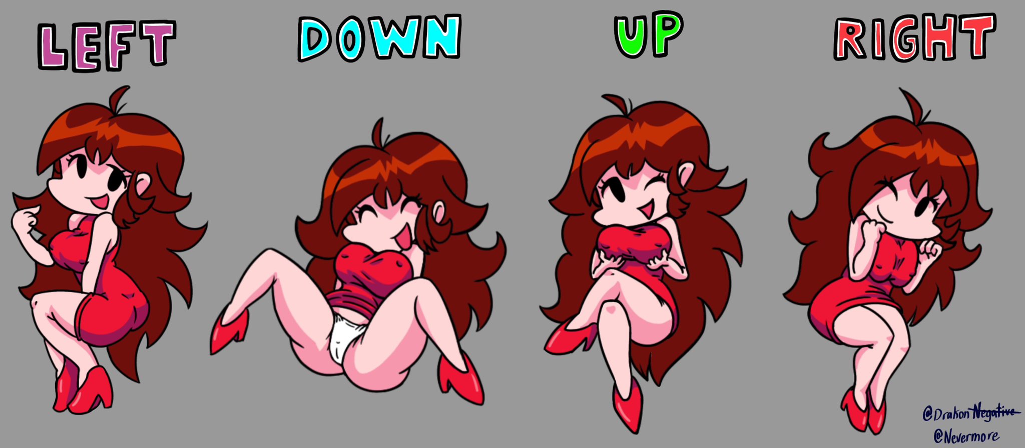 artstyle imitation, ass, ass focus, breasts, brown hair, closed eyes, clothed, crossed legs, female, fnf, friday night funkin, girlfriend (fnf), girlfriend (friday night funkin), knees up, legs apart, legs up, nevermore (artist), panties, red clothing, red dress, squeezing breast, white panties, wink