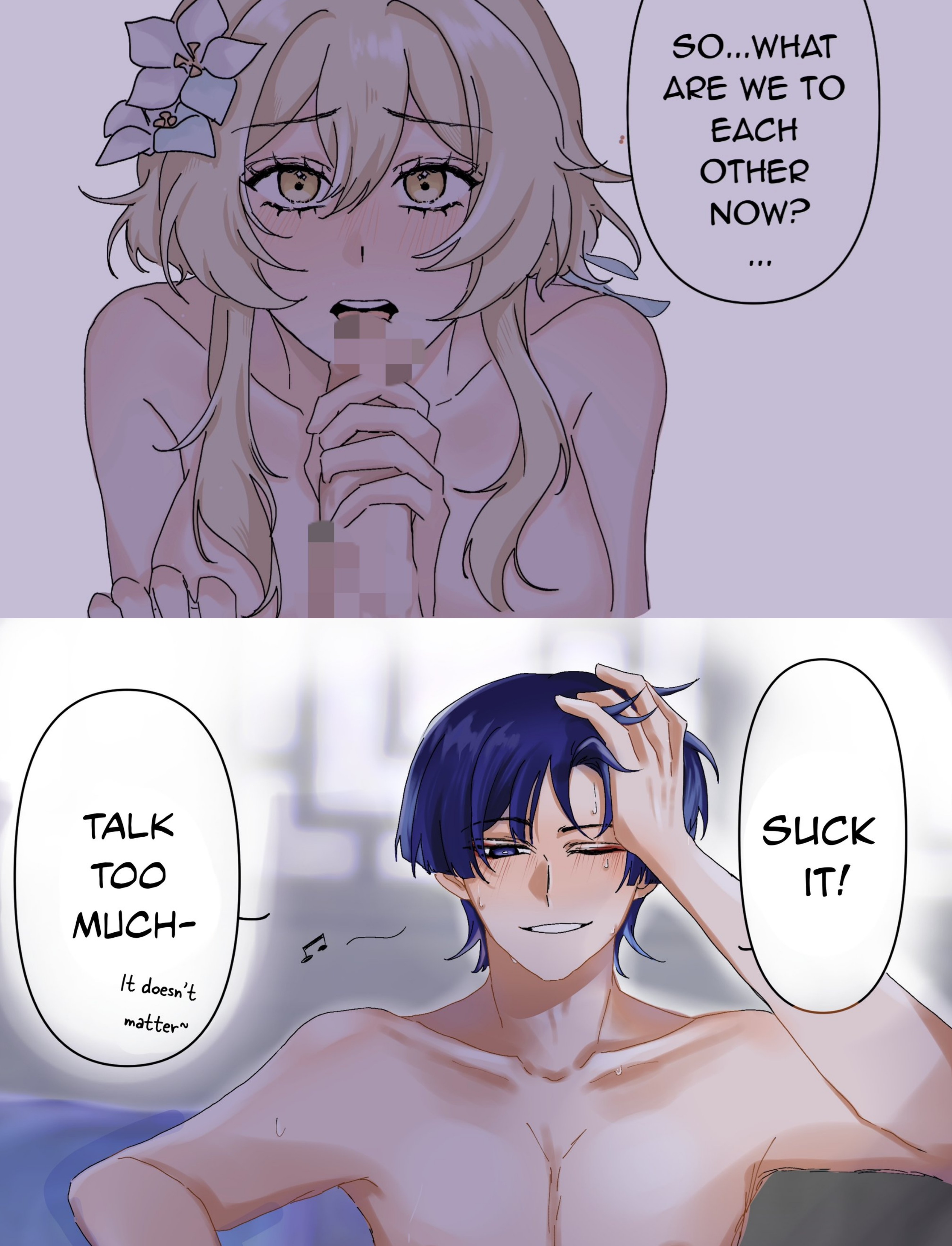 1boy, 1girls, asking a question, blonde hair, blue hair, blush, censored, censored penis, collarbone, dialogue, dialogue box, english text, eye contact, female, femsub, flower in hair, genshin impact, hand in hair, hand on hair, hand on penis, holding penis, implied oral, lumine (genshin impact), male, male/female, nude, one eye closed, open mouth, oral, penis, scaramouche (genshin impact), smirk, speech bubble, straight