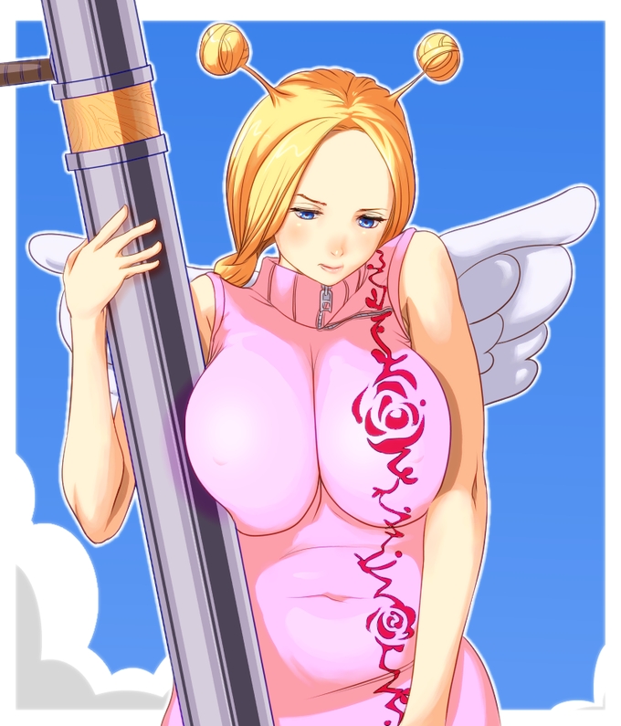 1girls 2010 antennae big_breasts blue_eyes breast_press conis female female_only fully_clothed gun nipple_bulge one_piece pitbull_(artist) sky_island_saga solo twin_braids twintails weapon wings