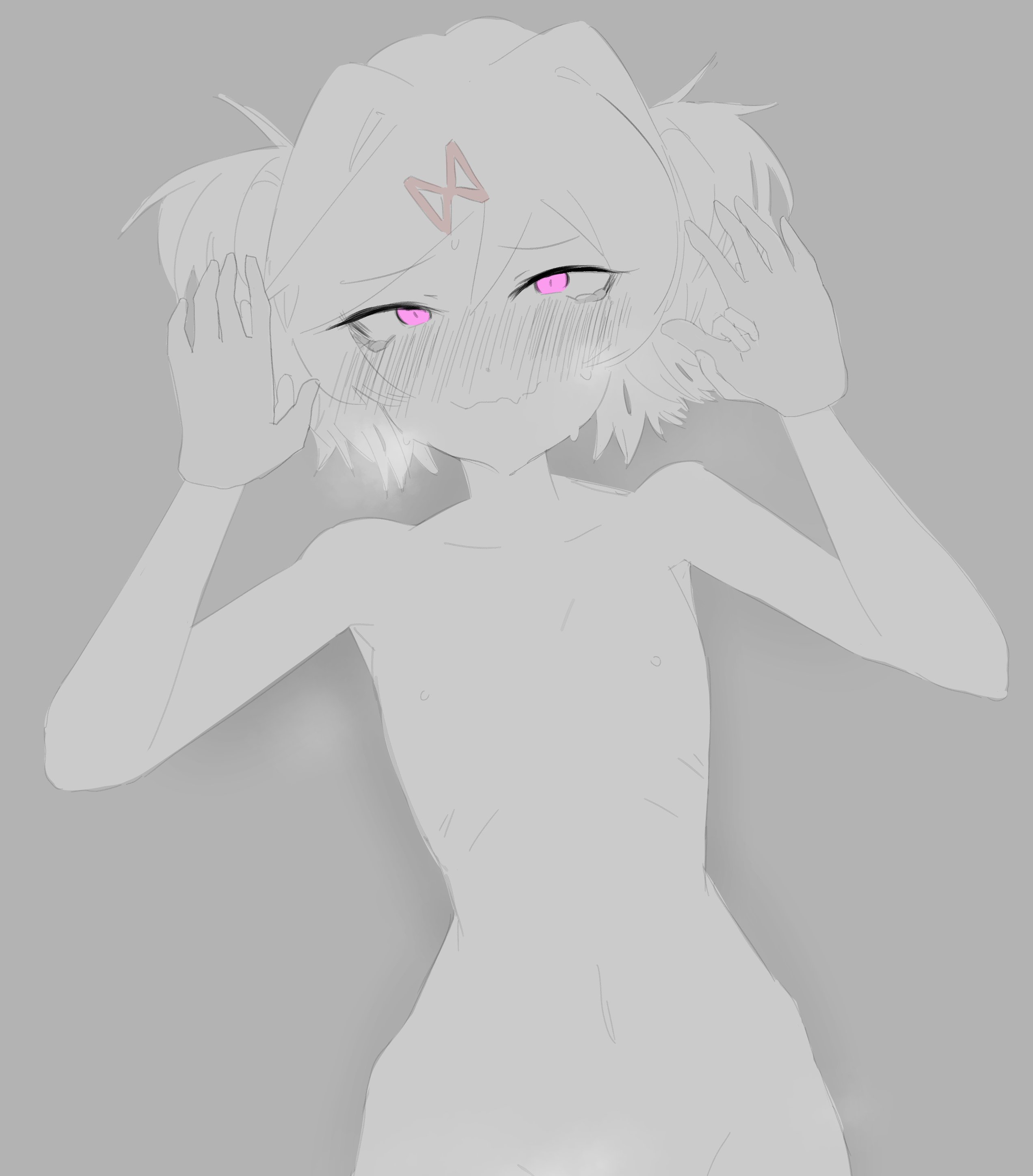 1girls, 5 fingers, blush, blush lines, blushing, colored eyes, doki doki literature club, exspiravitbag, female, flat chest, flat chested, naked, naked female, natsuki (doki doki literature club), navel, nipples, nude, nude female, nudity, pink eyes, true flat chest