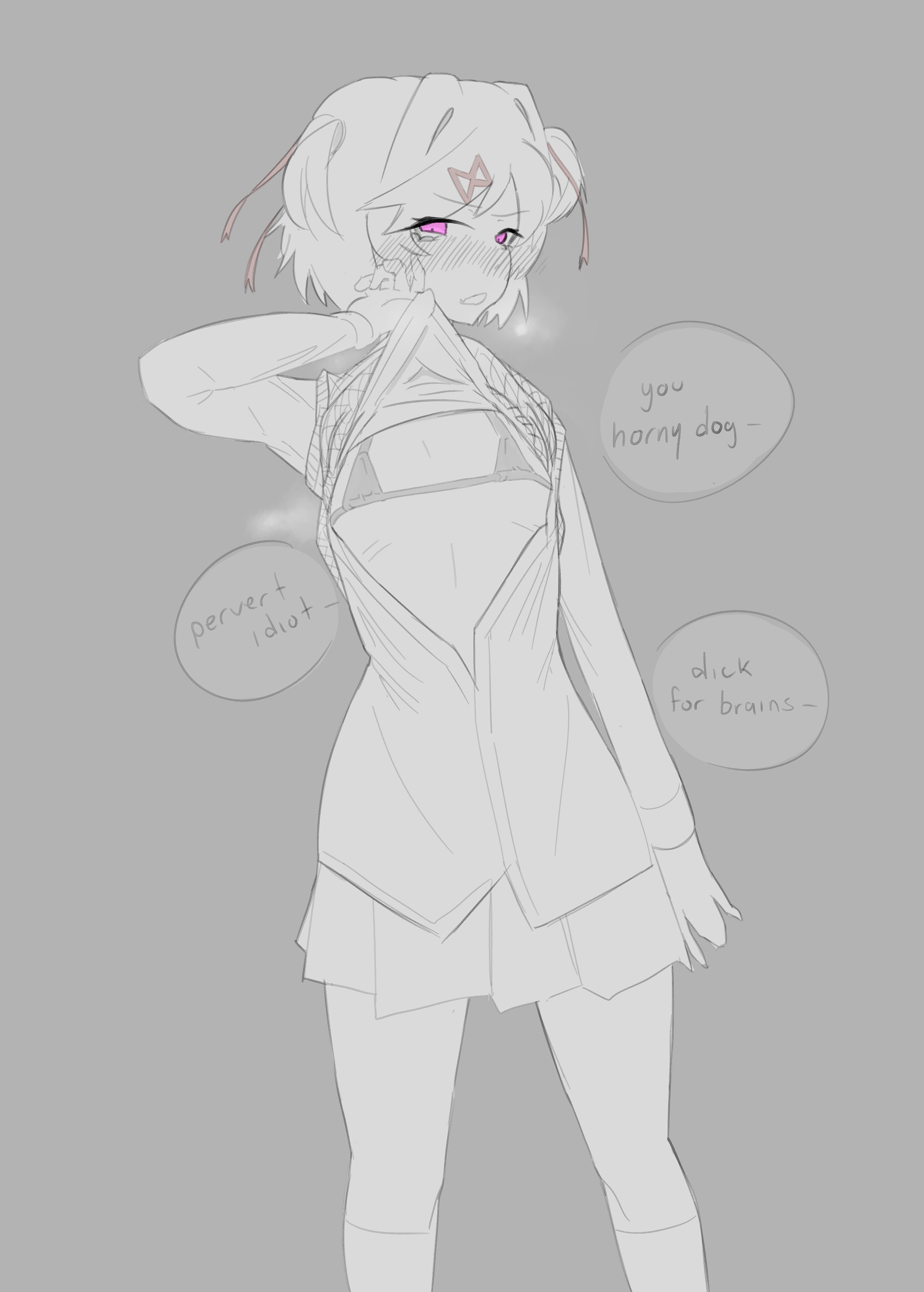 1girls, 5 fingers, bikini, blush, blush lines, blushing, breasts, clothed, clothes, clothing, colored eyes, doki doki literature club, english text, exspiravitbag, female, female focus, flat chest, flat chested, idiot, micro bikini, natsuki (doki doki literature club), pervert, pink eyes, showing breasts, showing off, skirt, socks, solo focus, text, text bubble, true flat chest