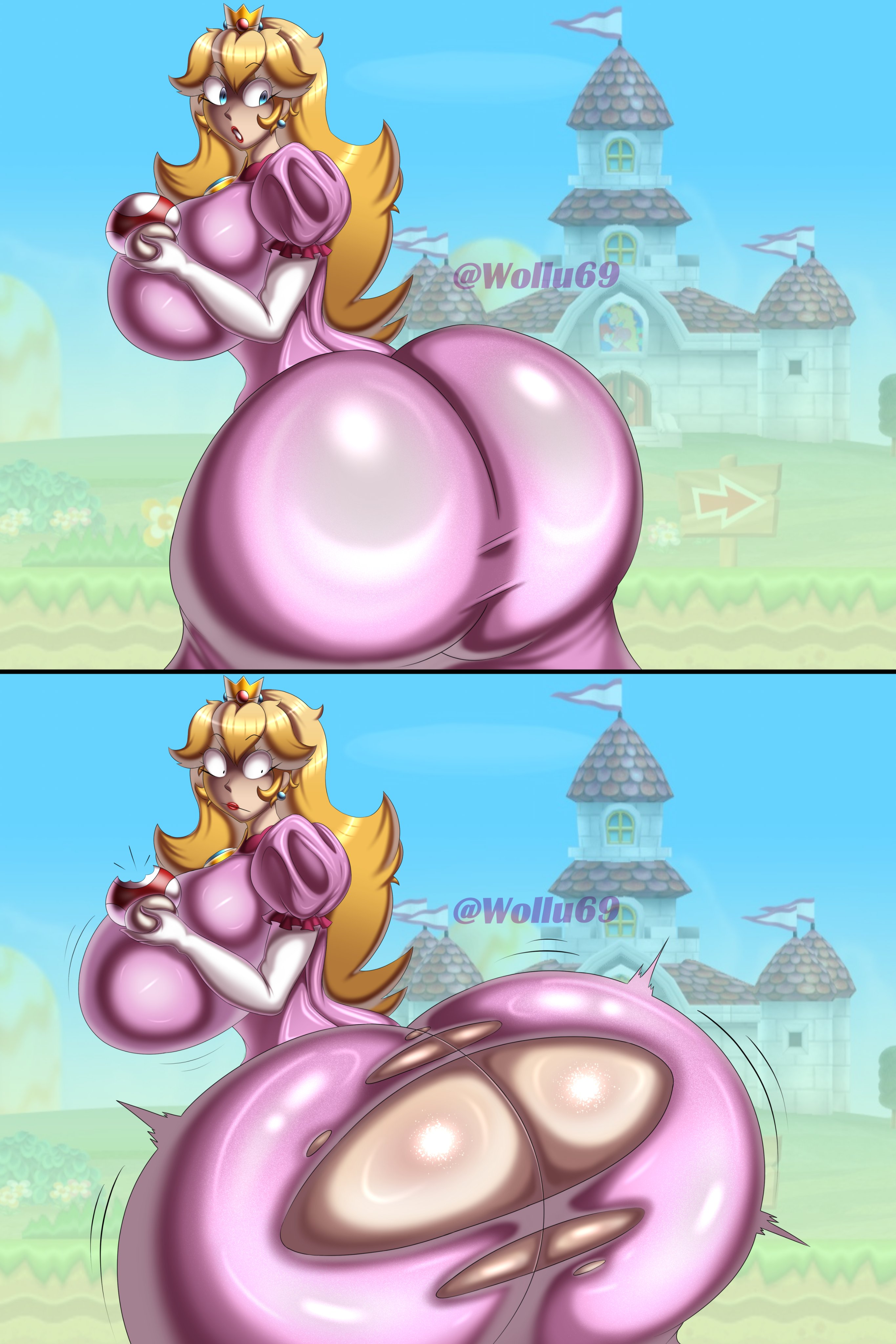 1girls, ass, ass bigger than head, ass expansion, ass focus, ass view, ass window, big ass, big breasts, blonde hair, blue eyes, breasts, clothed, clothing, earrings, eating, eating mushroom, expansion, female, female only, growing, huge ass, huge breasts, hyper, hyper ass, light skin, light-skinned female, long hair, looking back, mario (series), mushroom, nintendo, outdoors, pants rip, princess, princess peach, ripped clothing, ripping pants, solo, standing, super mario bros., tagme, tearing open bottoms, tight clothing, torn clothes, wollu