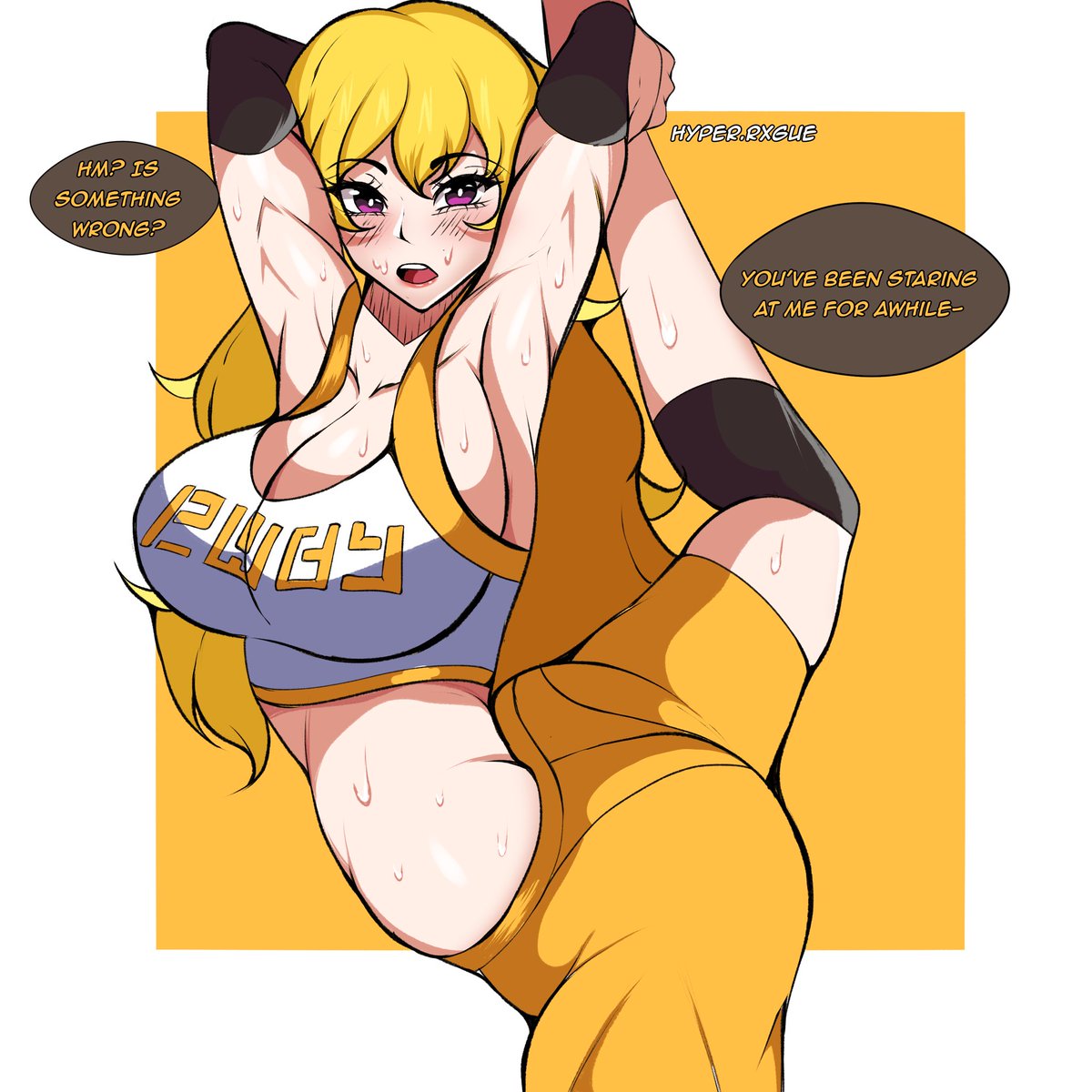 1girls, ass, big ass, blonde female, blonde hair, breasts, female, gym uniform, huge breasts, hyperrxgue, leg up, purple eyes, rwby, stretching, stretching legs, sweat, sweaty body, yang xiao long