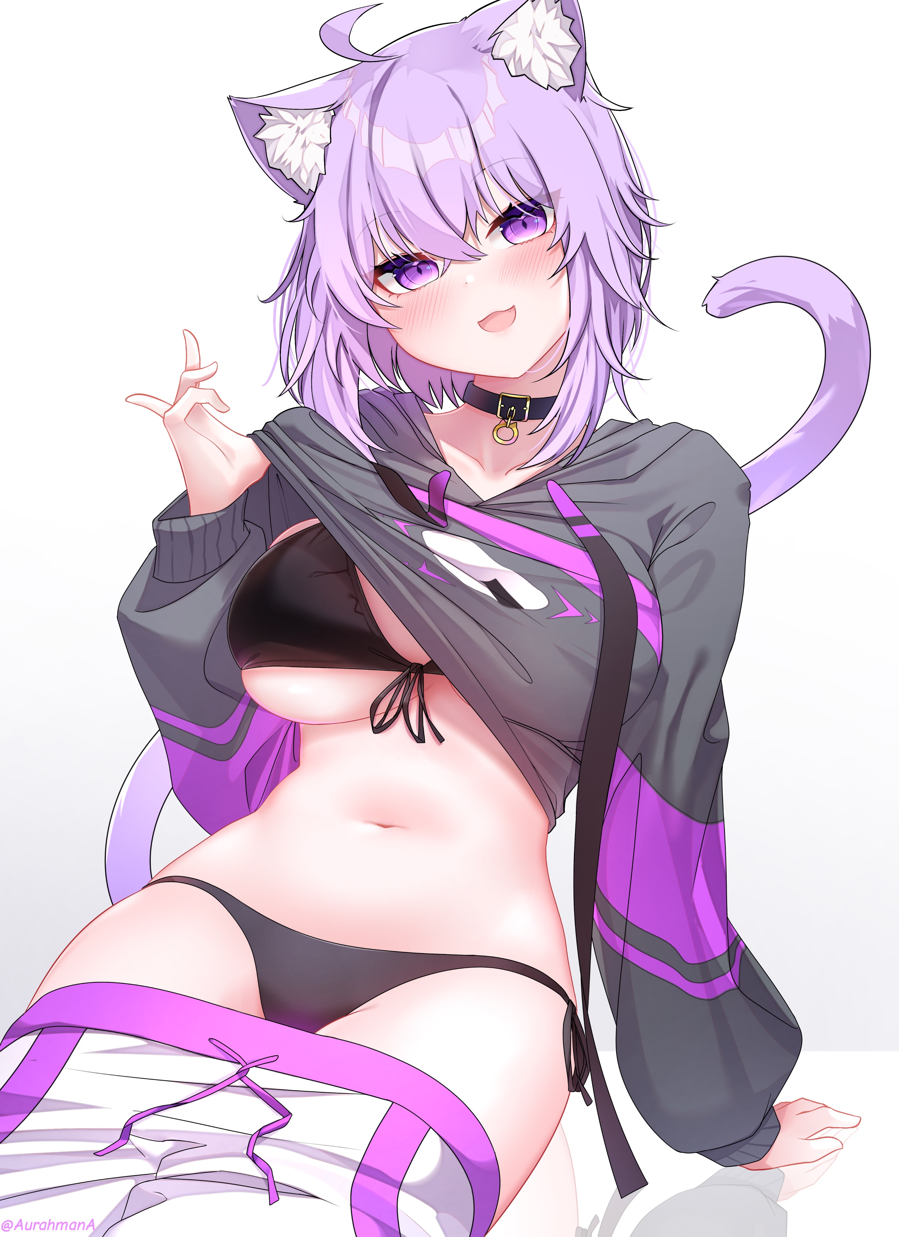 arm support, bikini, blush, breasts, choker, clothes lift, female, hololive, hololive gamers, hololive japan, large breasts, nekomata okayu, open mouth, pants down, sitting, smile, swimsuit, undressing, virtual youtuber