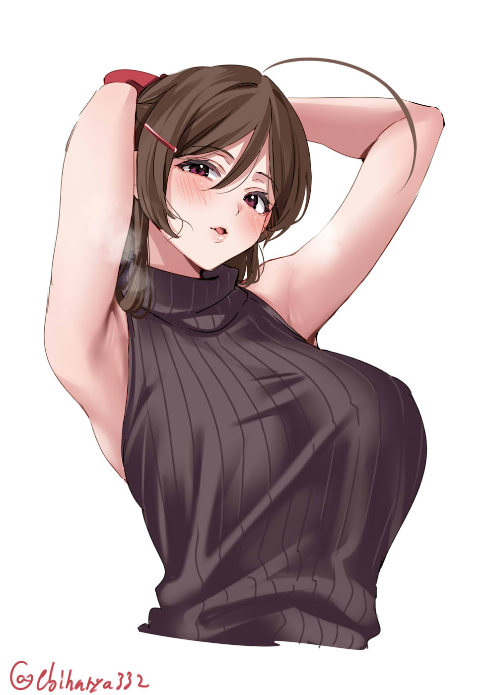 ahoge alternate_costume armpits arms_behind_head arms_up blush breasts brown_hair cropped_torso ebifurya female hair_between_eyes hair_ornament hair_ribbon hairclip heavy_breathing highres huge_ahoge kantai_collection large_breasts long_hair looking_at_viewer mamiya_(kantai_collection) one-hour_drawing_challenge parted_lips presenting_armpit purple_eyes ribbon sidelocks simple_background sleeveless sleeveless_turtleneck solo turtleneck twitter_username upper_body white_background