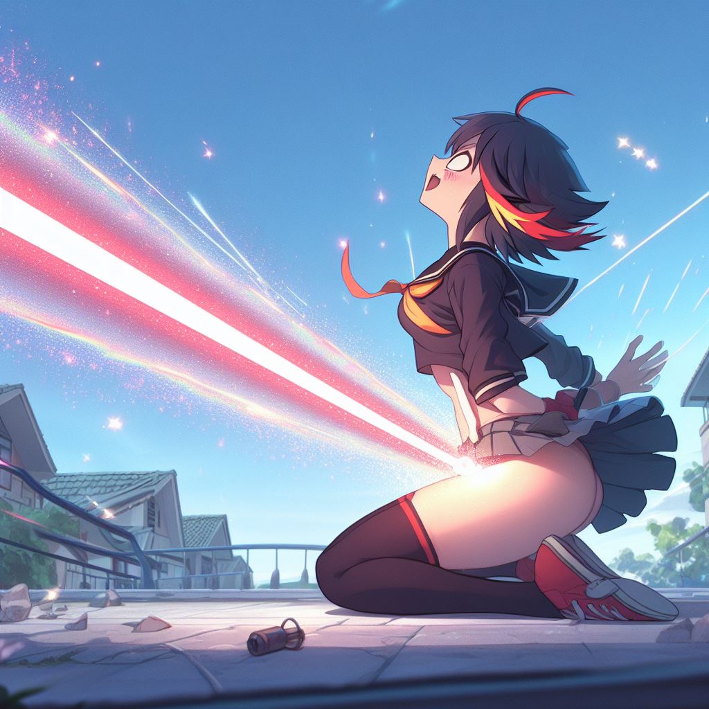 1girls ai_generated bing_image_creator female_only kill_la_kill kneeling laser laser_beam matoi_ryuuko midriff outdoors pleated_skirt solo weaponized_vagina what