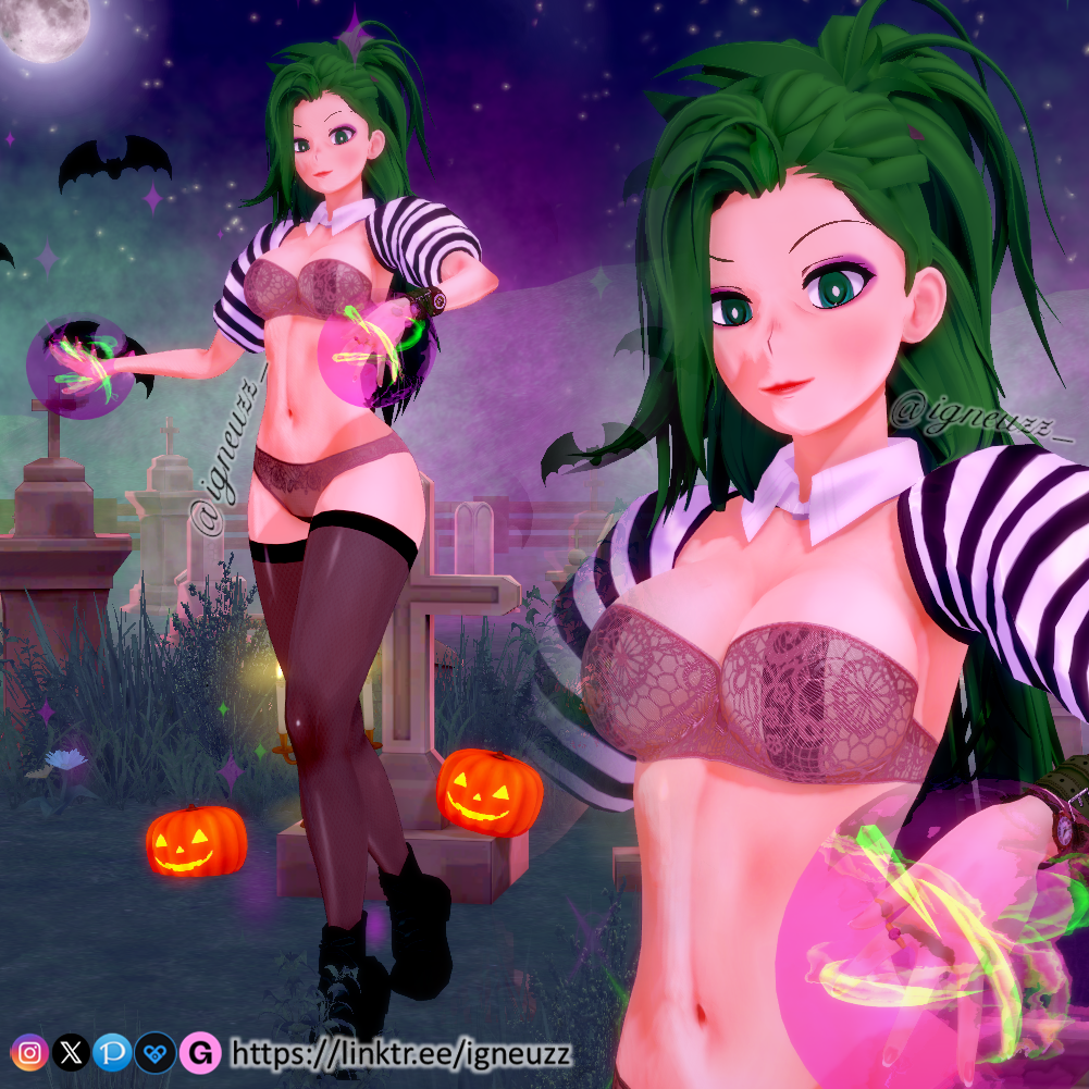 abby_(igneuzz) bat beetlejuice beetlejuice_(character) big_breasts black_boots black_tie breasts genderswap_(mtf) green_eyes green_hair igneuzz light-skinned light-skinned_female light_skin long_hair rule_63 stockings tagme thick_thighs thighs tie