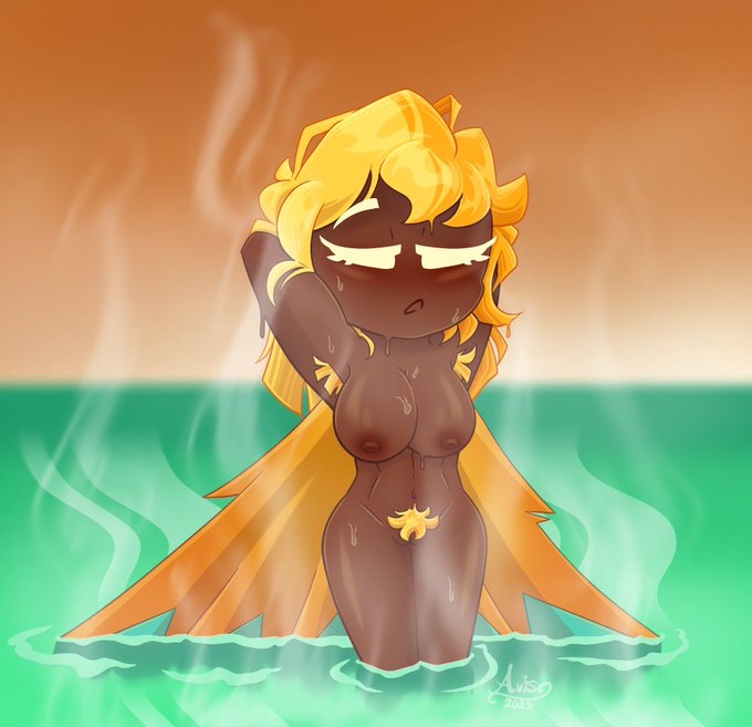 1girls 2023 arms_behind_head arms_up artist_name artist_signature avisdeavian bath bathing big_breasts blonde_hair blush blushing breasts closed_eyes cookie_run dark_skin digital_drawing_(artwork) digital_media_(artwork) egyptian female golden_cheese_cookie heat hips long_eyelashes long_hair naked nude open_mouth orange_hair overheated pubic_hair pussy shaded solo steam steaming_body sweat sweatdrop sweating vagina water wings yellow_hair