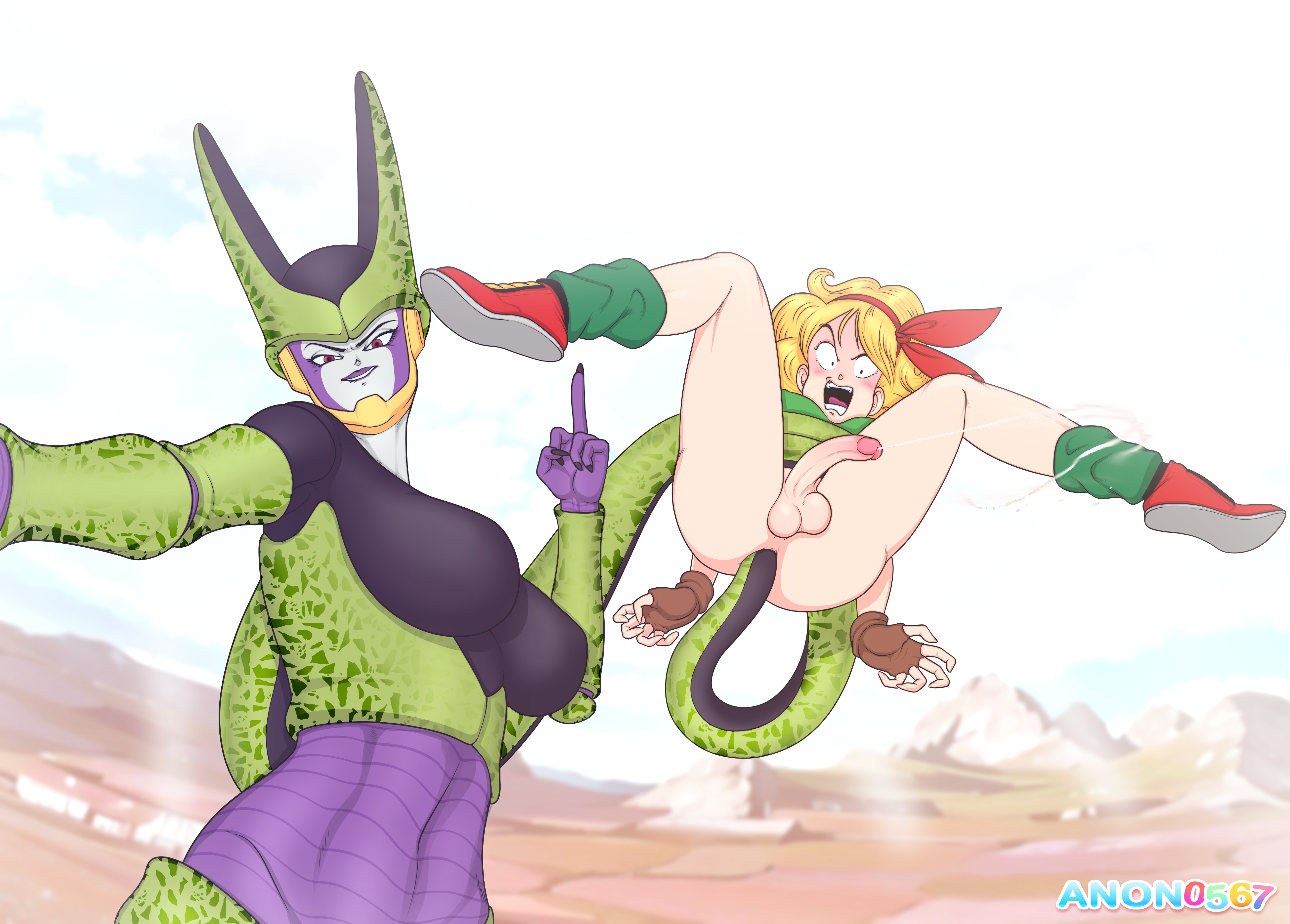 1futa, 1girls, anal, anon0567, arms tied behind back, bad launch, balls, big breasts, big penis, blonde hair, blush, bottomless, breasts, cell (dragon ball), clothed, clothing, cum, dragon ball, duo, erection, female, female cell, female on futa, flipping off, forced anal, futa penetrated, futanari, human, humanoid, intersex, launch, light skin, light-skinned futa, long hair, looking at cumshot, looking at viewer, middle finger, penis, rule 63, skindentation, standing, tail, tail sex