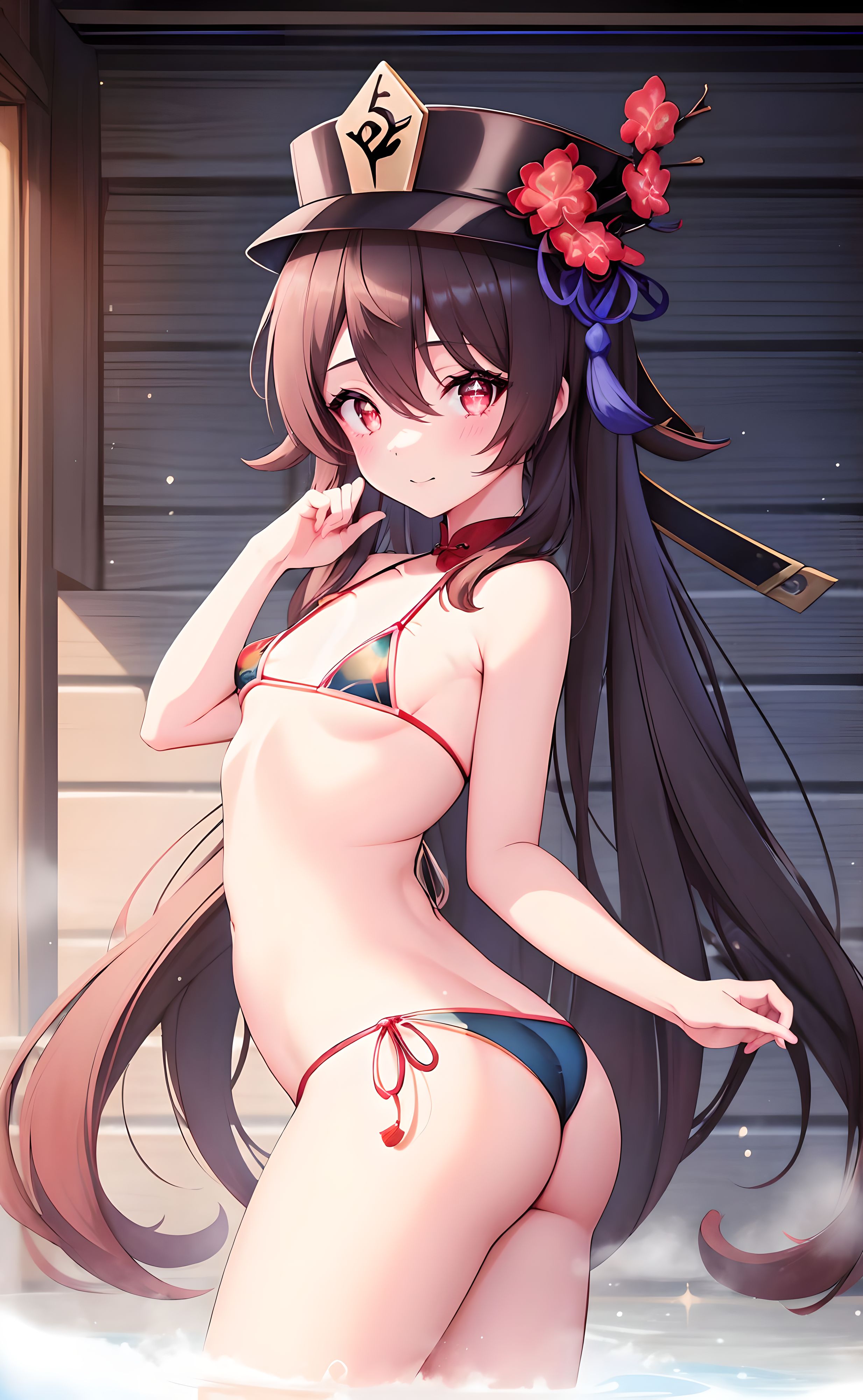 ai generated, alternate costume, ass, ass crack, ass focus, bare shoulders, bikini, blush, breasts, brown hair, butt crack, female, from side, genshin impact, hat, hat ornament, hu tao (genshin impact), long hair, looking at viewer, red eyes, shiny, shiny clothes, shiny hair, shiny skin, small breasts, smile, solo, swimsuit, thong, thong bikini, twintails, very long hair