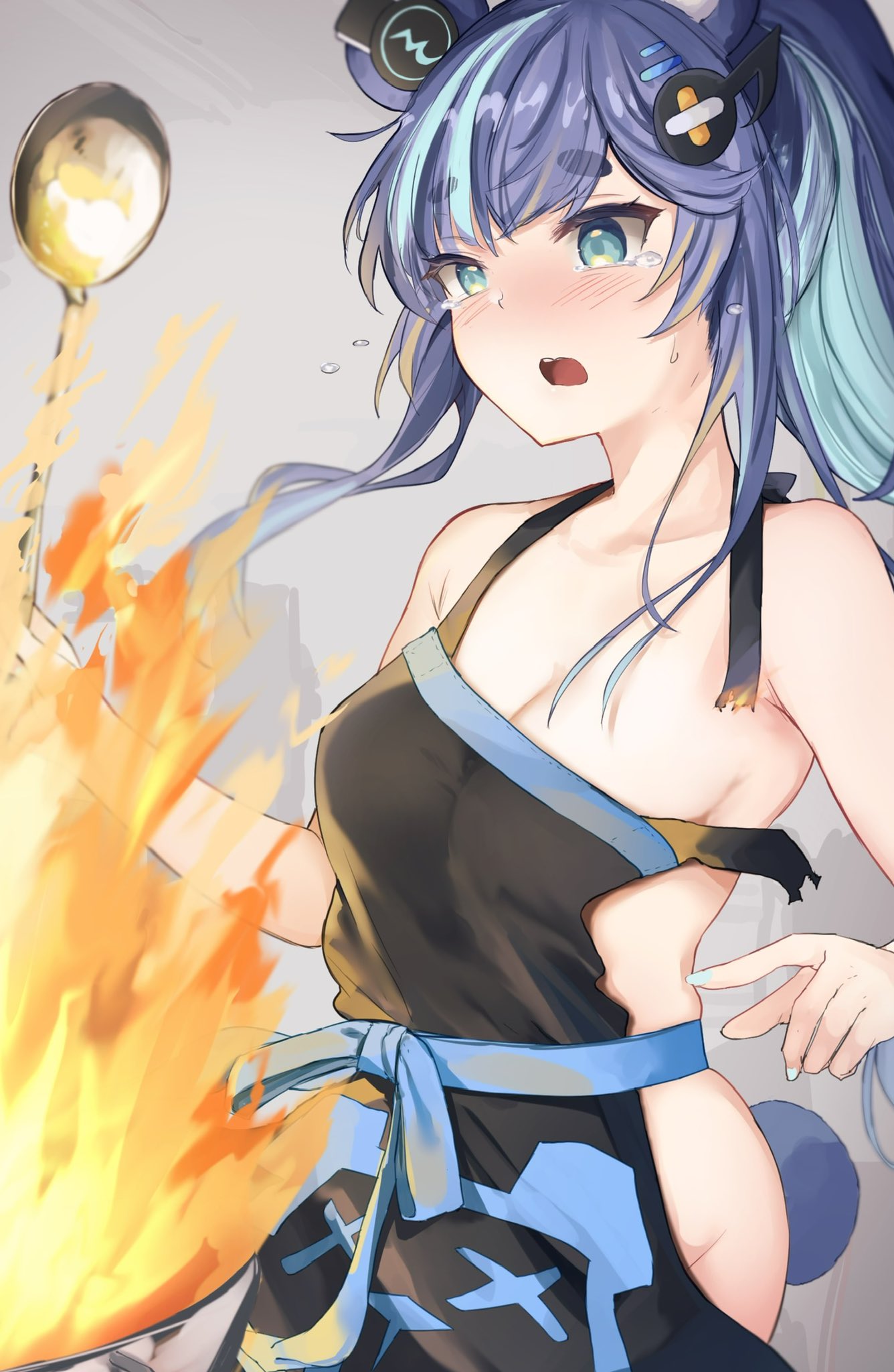 1girls apron apron_only bear bear_ears bear_girl bear_tail blue_clothing blue_eyes blue_fingernails blue_hair blue_nails blush blush_lines blushing blushing_at_viewer burning_clothes clothing cooking crying female female_focus female_only fingernails fire fujikura_uruka holding holding_object large_breasts light-skinned_female light_skin meme mouth_open music_note_hair_ornament nails open_mouth phase_connect phase_origins sweat sweatdrop thick_thighs uwukultist virtual_youtuber vtuber