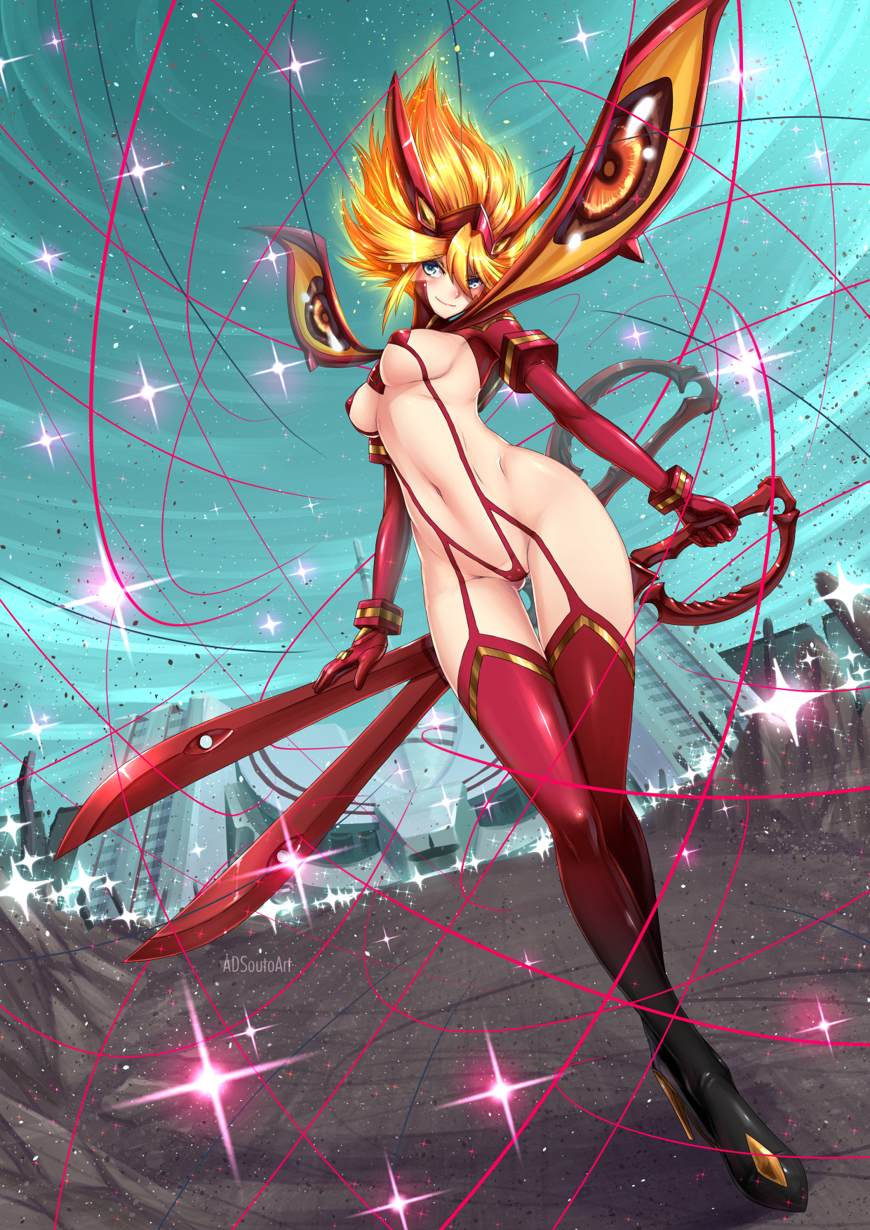 1girls, adsouto, alternate version available, ass, blonde hair, blue eyes, boots, breasts, day, eyes visible through hair, female, female only, full body, garter straps, gloves, gluteal fold, hair ornament, high heel boots, high heels, highres, kill la kill, large breasts, lips, matoi ryuuko, multicolored hair, navel, outdoors, red hair, red thighhighs, revealing clothes, scissor blade (kill la kill), senketsu, senketsu kisaragi, short hair, shrug (clothing), skimpy clothes, skirt, solo, thigh boots, thighhighs, transformation, weapon