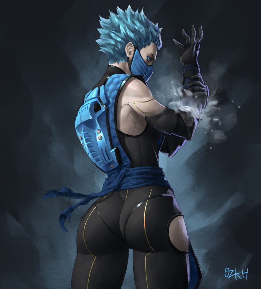 1girl 1girls android ass ass_focus athletic_female bare_shoulders big_ass big_butt black_clothing blue_clothing blue_eyes blue_hair clothed curvy_figure cyborg female female_focus female_only frost_(mortal_kombat) highres ice legs light-skinned_female light_blue_hair looking_at_viewer looking_back mortal_kombat mortal_kombat_11 ozkh presenting_hindquarters short_hair simple_background smug smug_eyes solo spiky_hair standing thick thick_legs thick_thighs toned_female viewed_from_below voluptuous