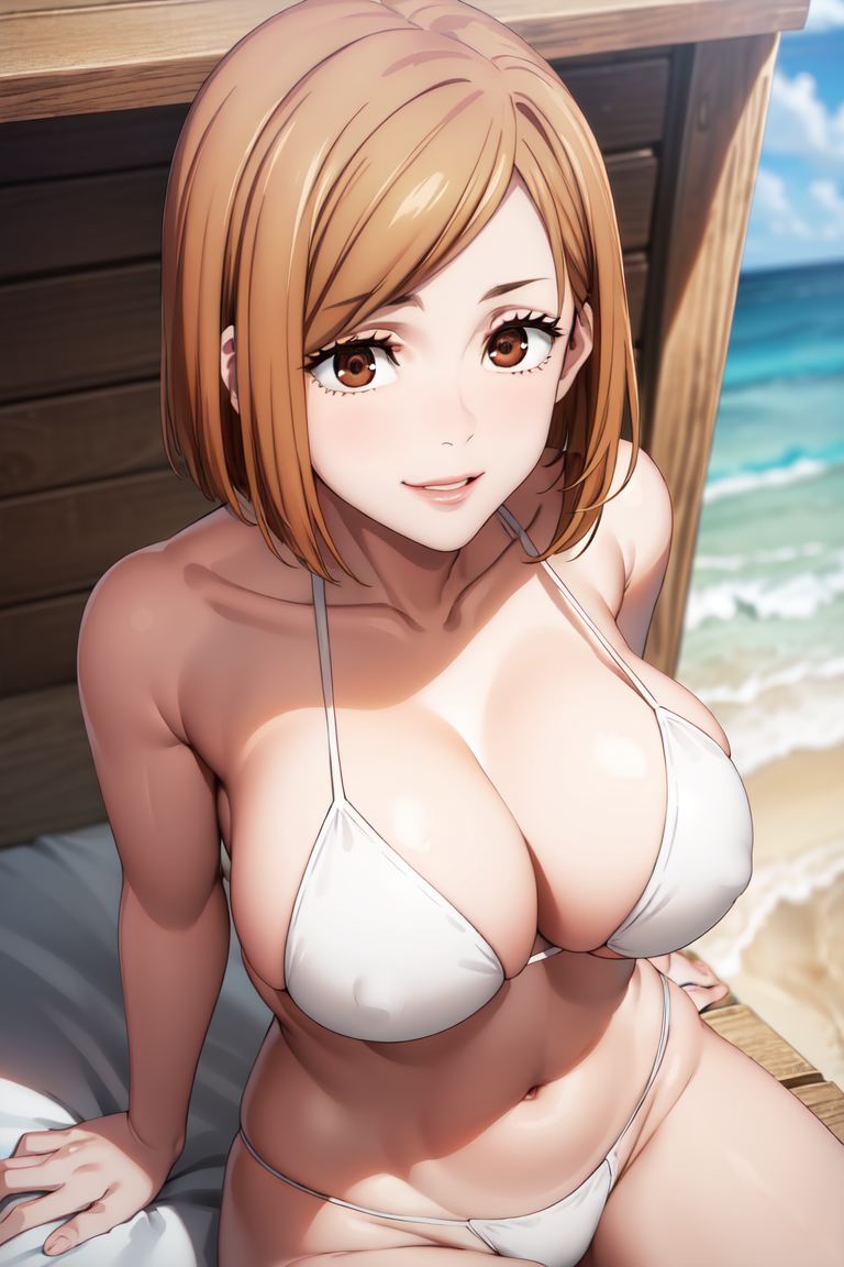 1girls, ai generated, beach, brown eyes, brown hair, embarrassed, female, female only, human, jujutsu kaisen, kugisaki nobara, short hair, shy, smile, solo, stable diffusion, swimwear