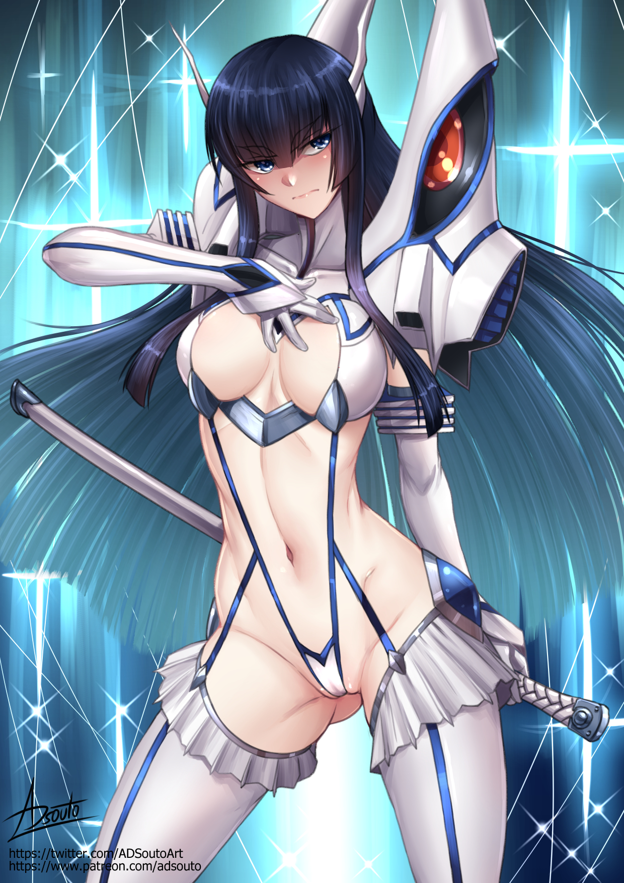 adsouto, ass visible through thighs, black hair, blue eyes, breasts, collarbone, female, female only, hand on own chest, highres, holding, holding sword, holding weapon, junketsu, kill la kill, kiryuuin satsuki, long hair, medium breasts, navel, revealing clothes, sheath, sheathed, signature, skimpy clothes, solo, standing, stockings, sword, very long hair, weapon