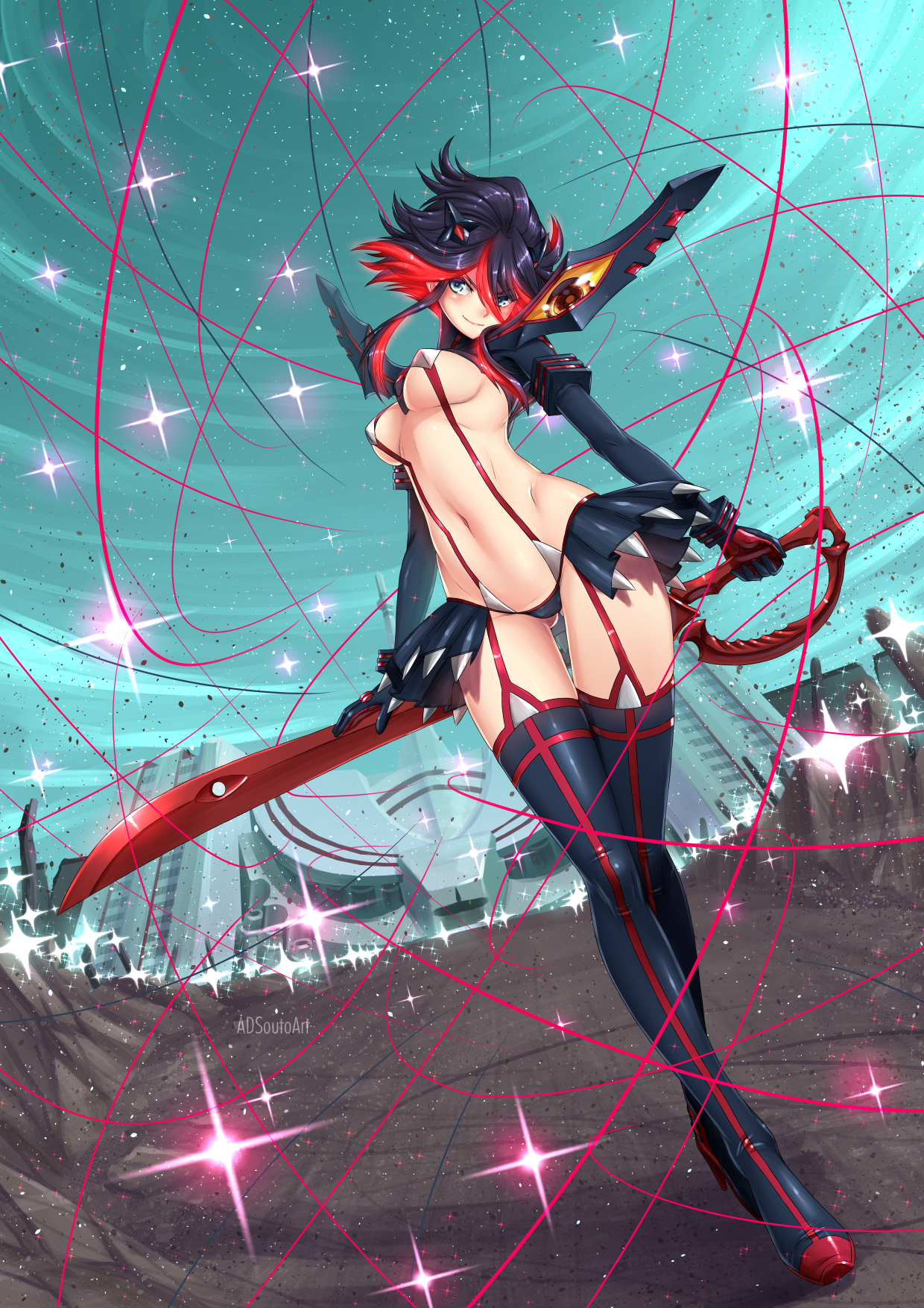 1girls, adsouto, alternate version available, ass, black hair, black thighhighs, black-haired female, blue eyes, boots, breasts, day, eyes visible through hair, female, female only, full body, fully clothed, garter straps, gloves, gluteal fold, hair ornament, high heel boots, high heels, highres, kill la kill, large breasts, lips, matoi ryuuko, microskirt, multicolored hair, navel, outdoors, pleated skirt, red hair, revealing clothes, scissor blade (kill la kill), senketsu, short hair, short hair with long locks, shrug (clothing), skimpy clothes, skirt, solo, thigh boots, thighhighs, wardrobe malfunction, weapon