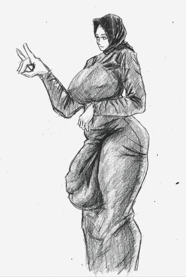 1futa aep127035 areolae balls big_breasts breasts clothed clothing dress flaccid fully_clothed futa_only futanari hand_sign hijab huge_balls huge_breasts huge_cock huge_penis huge_testicles human monochrome penis penis_outline self_upload sketch solo standing thick_thighs tight_clothing traditional_media_(artwork)