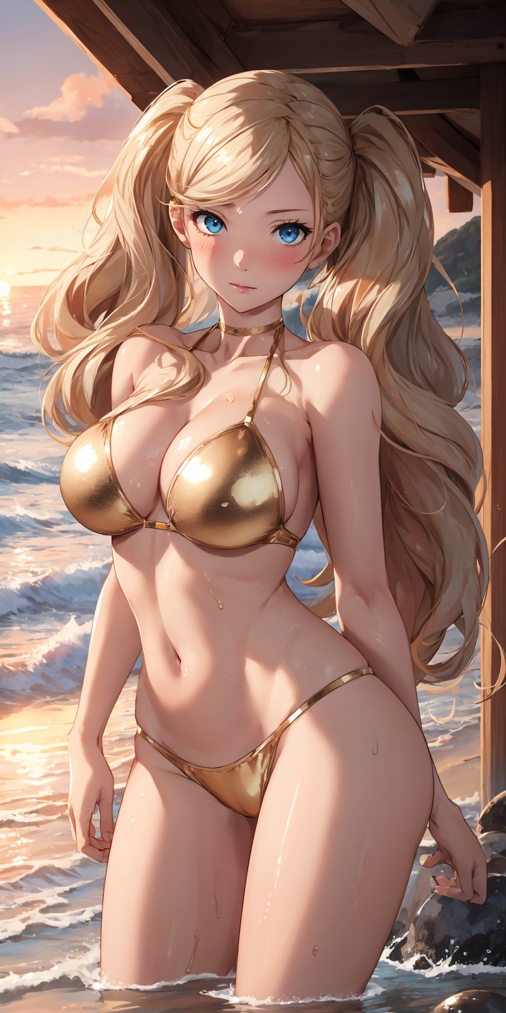 ai generated, alternate costume, ann takamaki, atlus, carlosheero, female, female only, gold bikini, nai diffusion, outdoors, outside, persona, persona 5, solo, stable diffusion