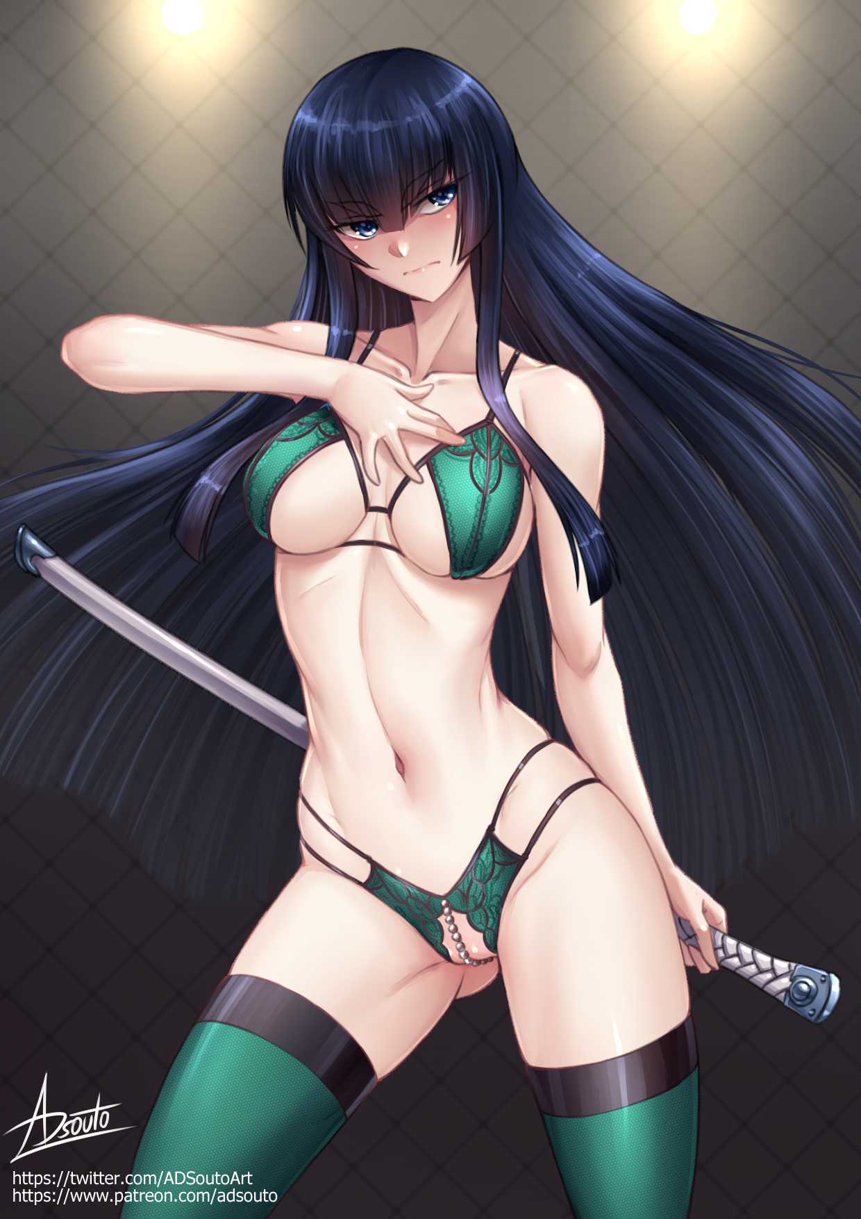 adsouto, black hair, blue eyes, breasts, collarbone, female, female only, hand on own chest, highres, holding, holding sword, holding weapon, kill la kill, kiryuuin satsuki, lingerie, long hair, medium breasts, navel, pearl thong, revealing clothes, sheath, sheathed, signature, solo, standing, stockings, sword, thighhighs, underwear, very long hair, weapon
