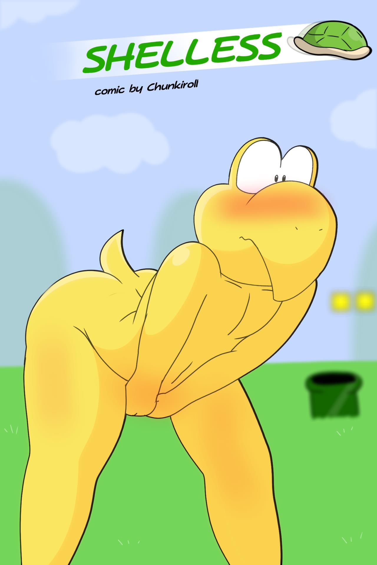 1boy anthro artist_name ass blush chunkiroll covering covering_crotch covering_genitals embarrassed embarrassed_male embarrassed_nude_femboy embarrassed_nude_male koopa koopa_troopa male male_only mario_(series) naked_male no_visible_genitalia nude_male nude_outside outdoors super_mario_bros.