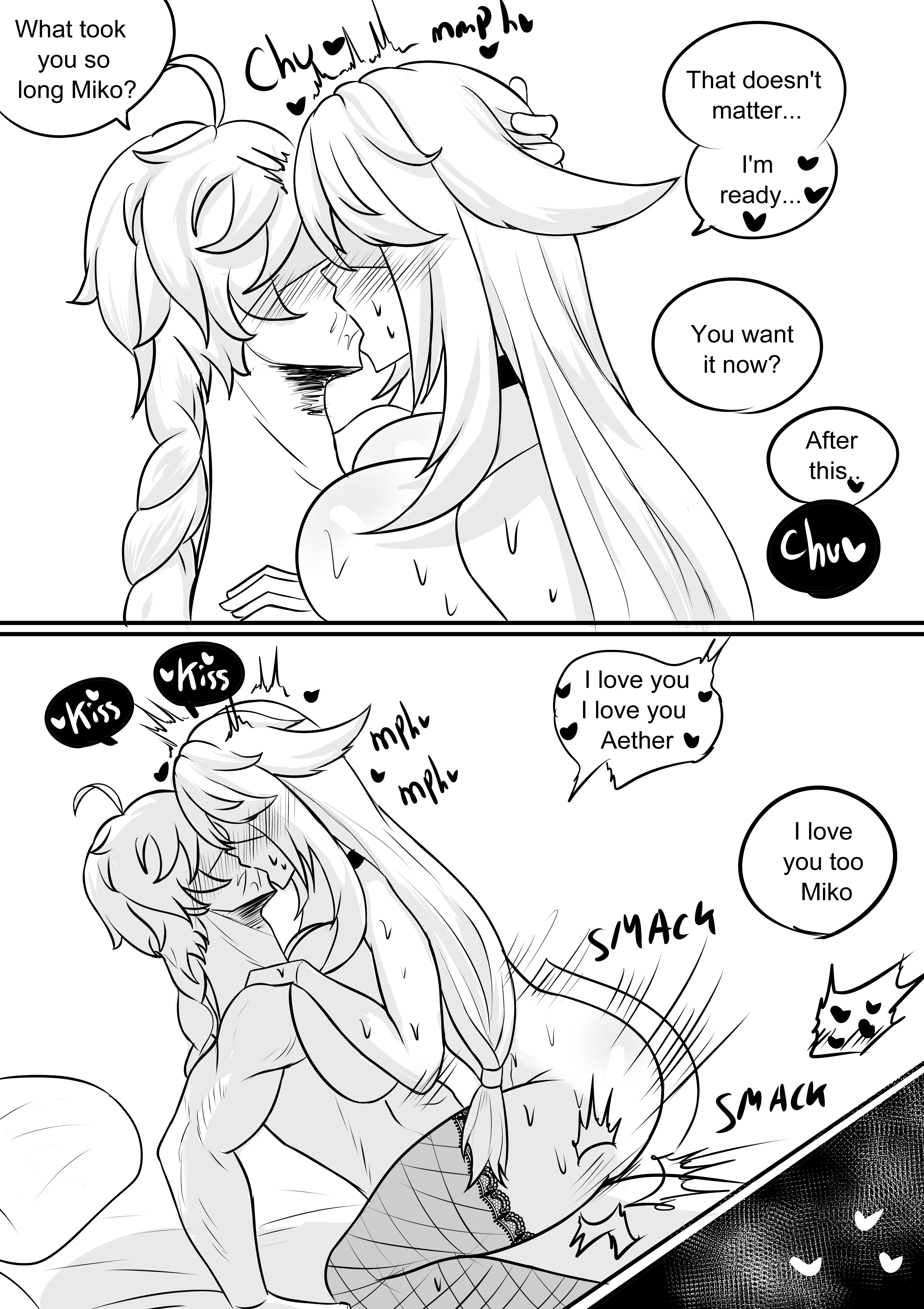 1boy, 1girls, aether (genshin impact), artist request, ass, bed, big breasts, black and white, breasts, dialogue, drawing, eyeless dude, fat ass, female, genshin impact, holding, horny, kissing, male, mihoyo, muscular, muscular male, naked, nwoidn, text, thick thighs, yae miko