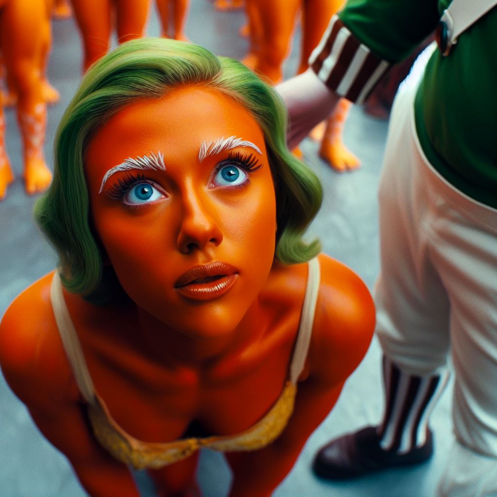 ai_generated blue_eyes dall-e3 glasgow_willy_wonka_experience green_hair oompa_loompa oompa_loompette orange_skin scarlett_johansson willy_wonka_and_the_chocolate_factory