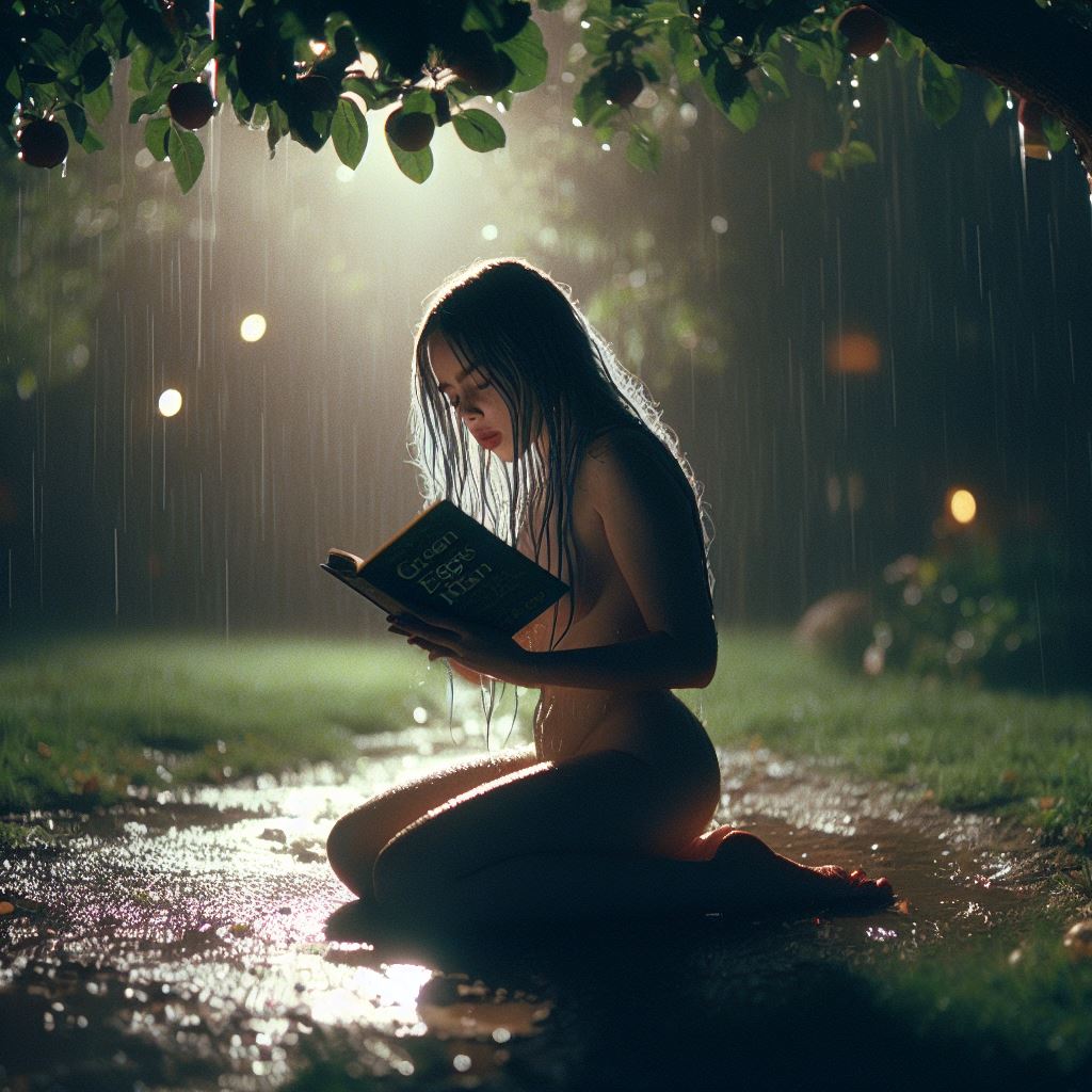 ai_generated barefoot_on_grass billie_eilish celebrity dall-e3 naked naked_female nude nude_female raining reading reading_book sitting sitting_on_ground soaked wet wet_body