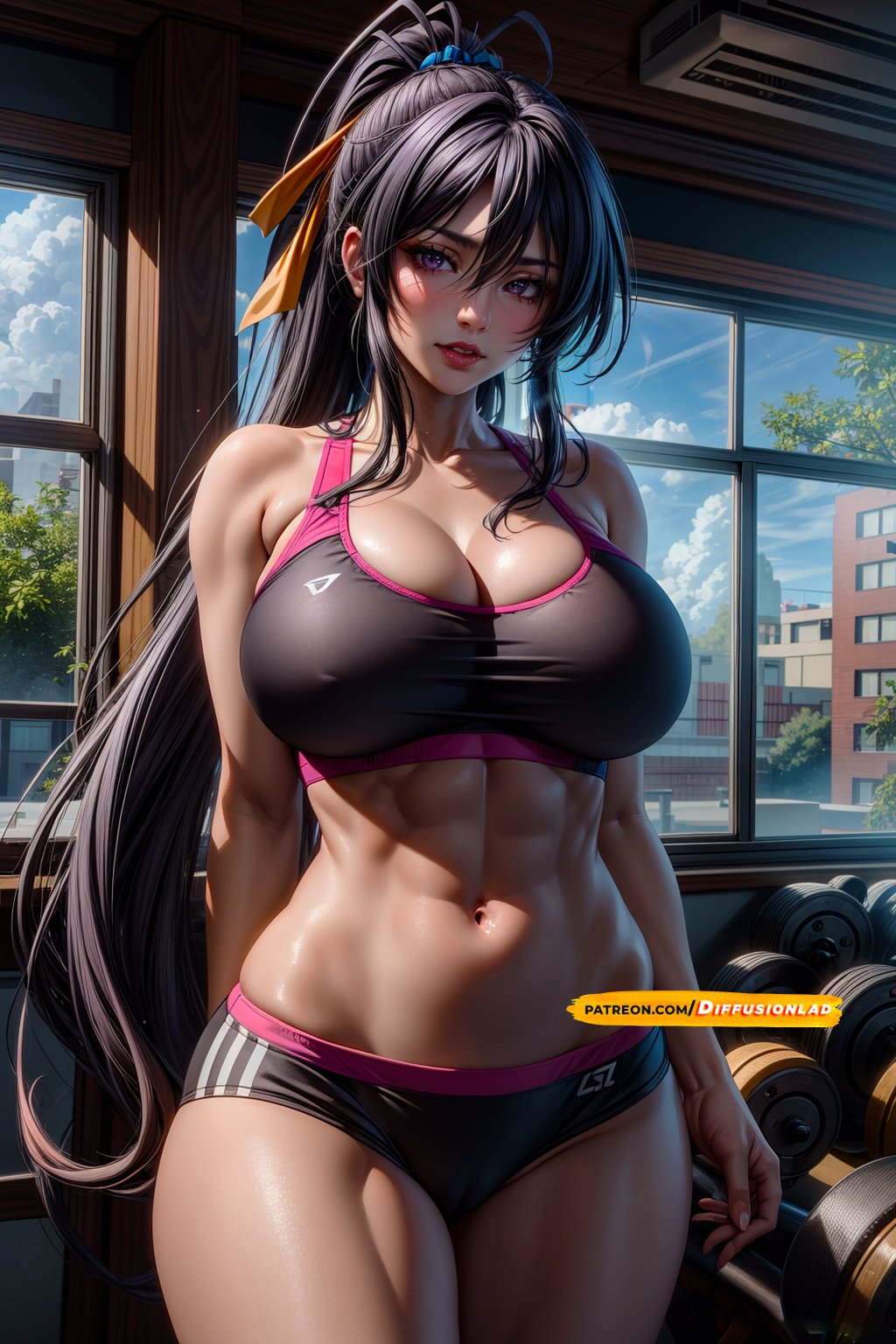 1girls, abs, ai generated, akeno himejima, big breasts, black hair, breasts, curvaceous, curvy female, curvy figure, diffusionlad, female, female focus, female only, fit, fit female, gym, high school dxd, huge breasts, long hair, looking at viewer, seductive look, sports bra, stable diffusion, voluptuous, voluptuous female