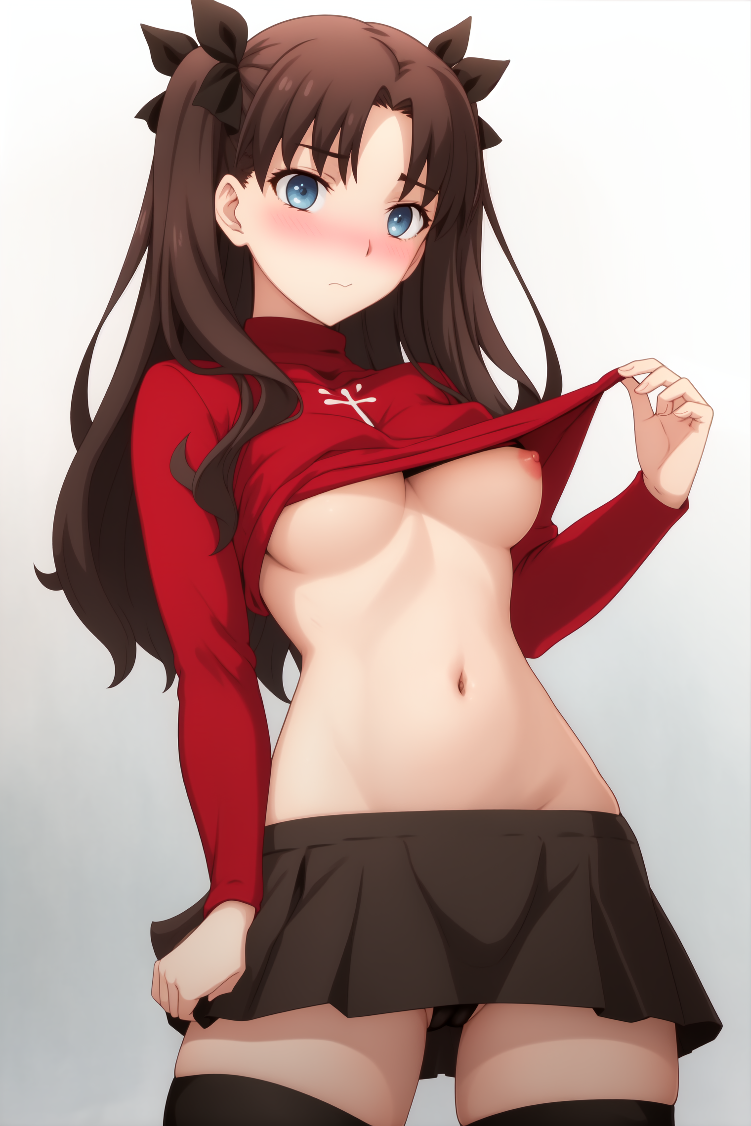 ai generated, black hair, blue eyes, embarrassed, fate (series), fate/stay night, female, shy, stable diffusion, tohsaka rin