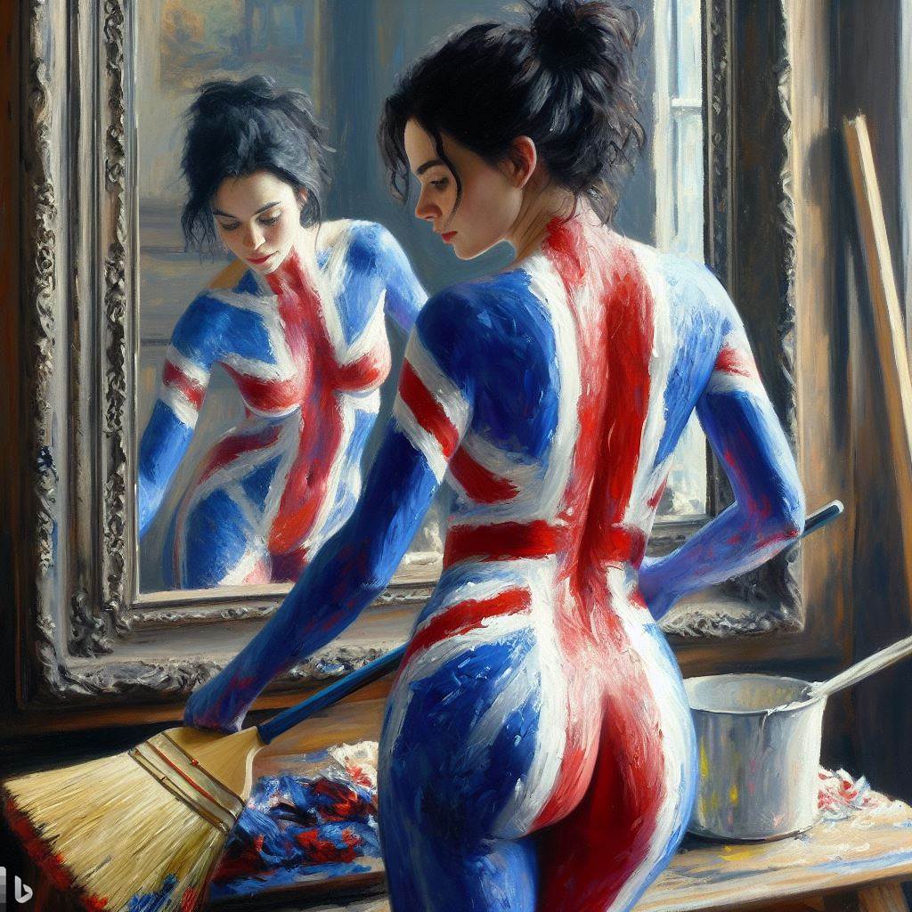 1girls ai_generated ass bodypaint british_flag brown_hair dall-e3 female female_only human human_only light-skinned_female light_skin mirror naked naked_female nude nude_female painted_clothes