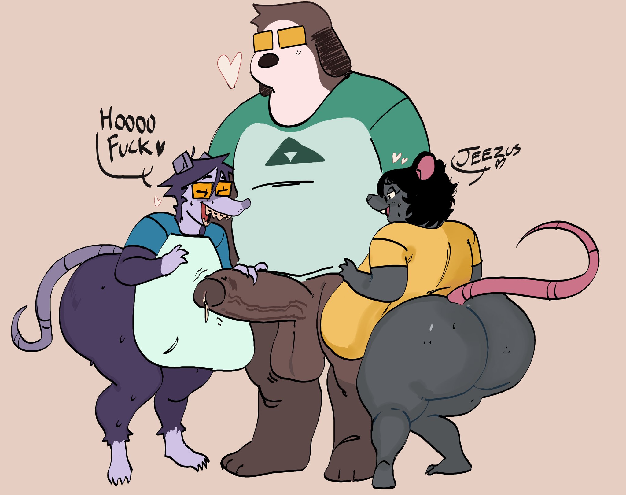 1boy, 2girls, ass, big ass, big breasts, big penis, bottomless, braces, breasts, canine, cock hungry, cock worship, fat male, female, furry, furry only, hudson (mooncheez3), huge ass, impressed, male, mooncheez3, neet, neet possum (mooncheez3), neet rat (mooncheez3), nerd, nerdy female, original, original character, penis, penis awe, possum, purple fur, purple hair, short hair, text, uncensored, yiff