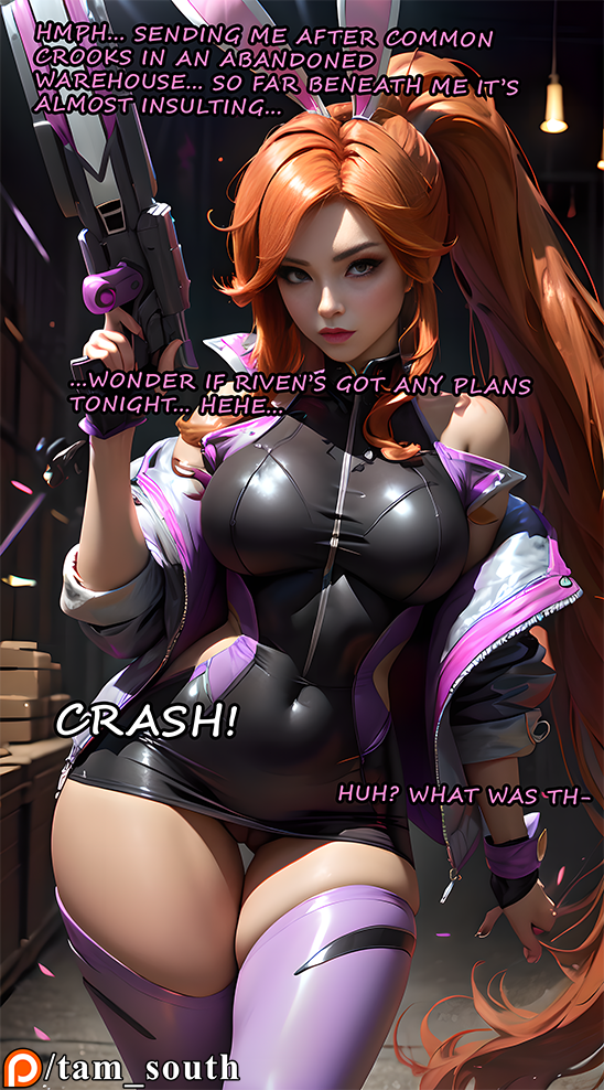 ai_generated anima_squad_series battle_bunny_miss_fortune battle_bunny_series bodysuit bunny_ears bunnysuit dialogue english_text large_breasts league_of_legends miss_fortune orange_hair ponytail sarah_fortune tam_south text thick_thighs thighhighs