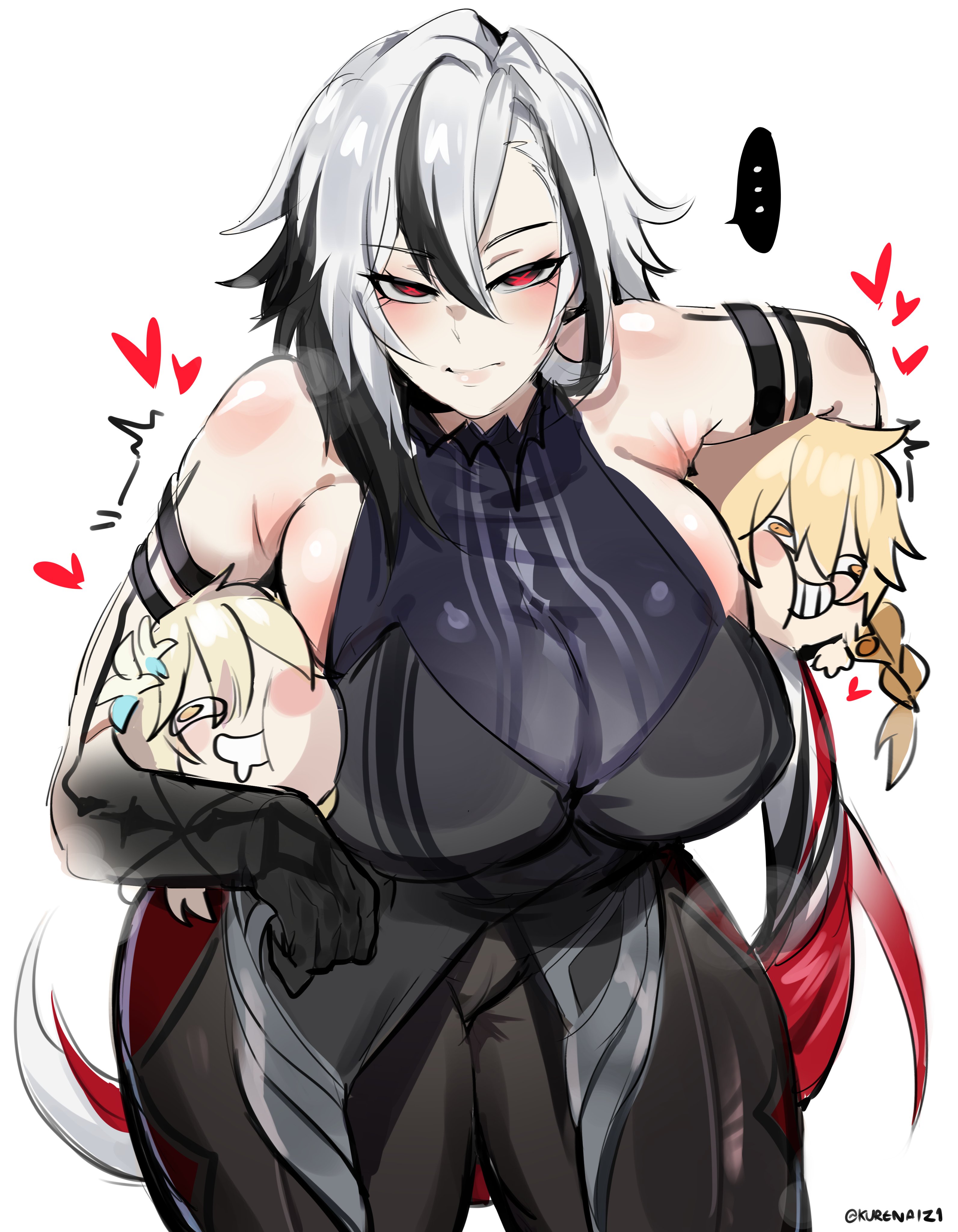 1boy, 2girls, aether (genshin impact), arlecchino (genshin impact), bisexual, black hair, black sclera, both sexes in same situation, breasts, brother and sister, cape, female, femdom, femsub, genshin impact, gloves, huge breasts, kurenaiz1, light skin, light-skinned female, looking at viewer, lumine (genshin impact), male, malesub, multicolored hair, pale skin, pale-skinned female, red eyes, short hair, solo focus, symbol-shaped pupils, thick thighs, thighs, two-tone hair, unusual anatomy, unusual eyes, unusual pupils, white hair, x-shaped pupils