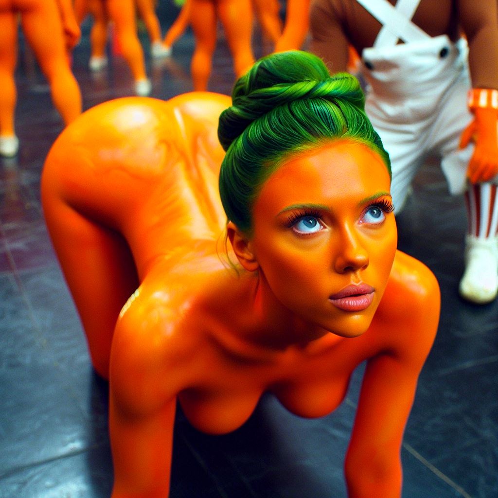 ai_generated blue_eyes dall-e3 glasgow_willy_wonka_experience green_hair naked naked_female nude nude_female on_all_fours on_knees oompa_loompa oompa_loompette orange_skin scarlett_johansson what willy_wonka_and_the_chocolate_factory