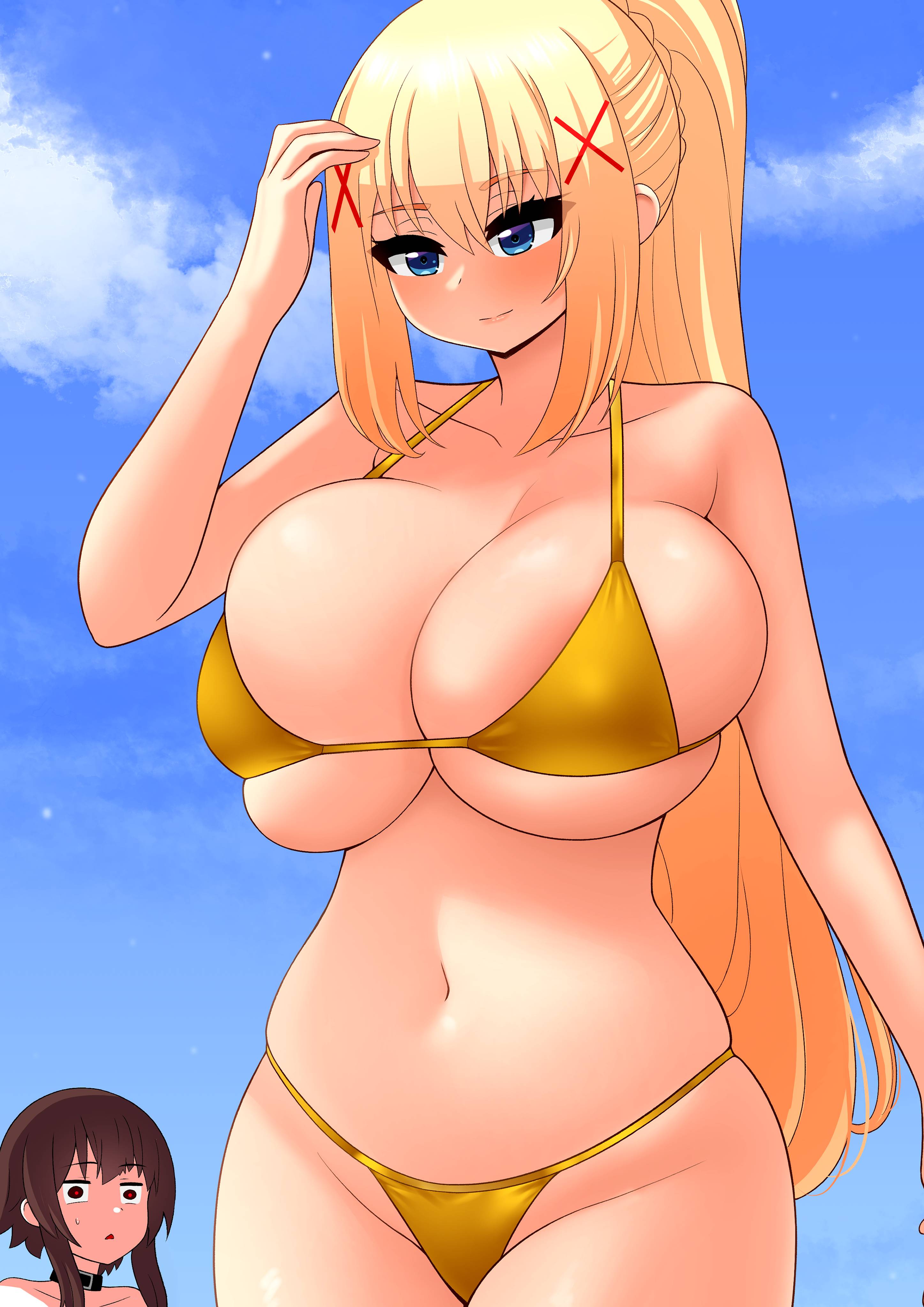 1girls, beach, bikini, black hair, blonde hair, blue eyes, breast envy, breasts, darkness (konosuba), female, female only, huge breasts, kono subarashii sekai ni shukufuku wo!, long hair, megumin, outdoors, ponytail, red eyes, solo, swimsuit, the only shoe, thick thighs, thighs, tight clothing, wide hips