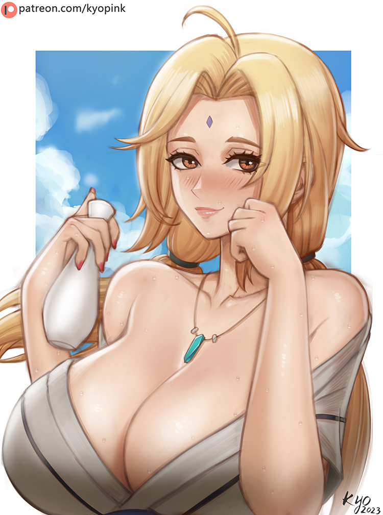 1girls 2023 big_breasts blonde_hair blush boruto:_naruto_next_generations bottle breast_focus brown_eyes busty cleavage clothed clothing collarbone commentary crystal dated drink drunk female female_only fingernails forehead_jewel forehead_mark fully_clothed hair_ribbon hi_res high_resolution highres holding_object huge_breasts japanese_clothes jewelry kyopink large_breasts light-skinned_female light_skin lips lipstick long_fingernails long_hair long_nails looking_at_viewer makeup mature mature_female mature_woman milf nail_polish naruto naruto_(classic) naruto_(series) naruto_shippuden necklace no_bra oppai pale-skinned_female pale_skin patreon_username pigtails pink_lips pink_lipstick pinup presenting_breasts red_nails ribbons sake sake_bottle shounen_jump smile solo solo_focus strap_slip text tied_hair tsunade twintails upper_body url voluptuous voluptuous_female watermark yukata