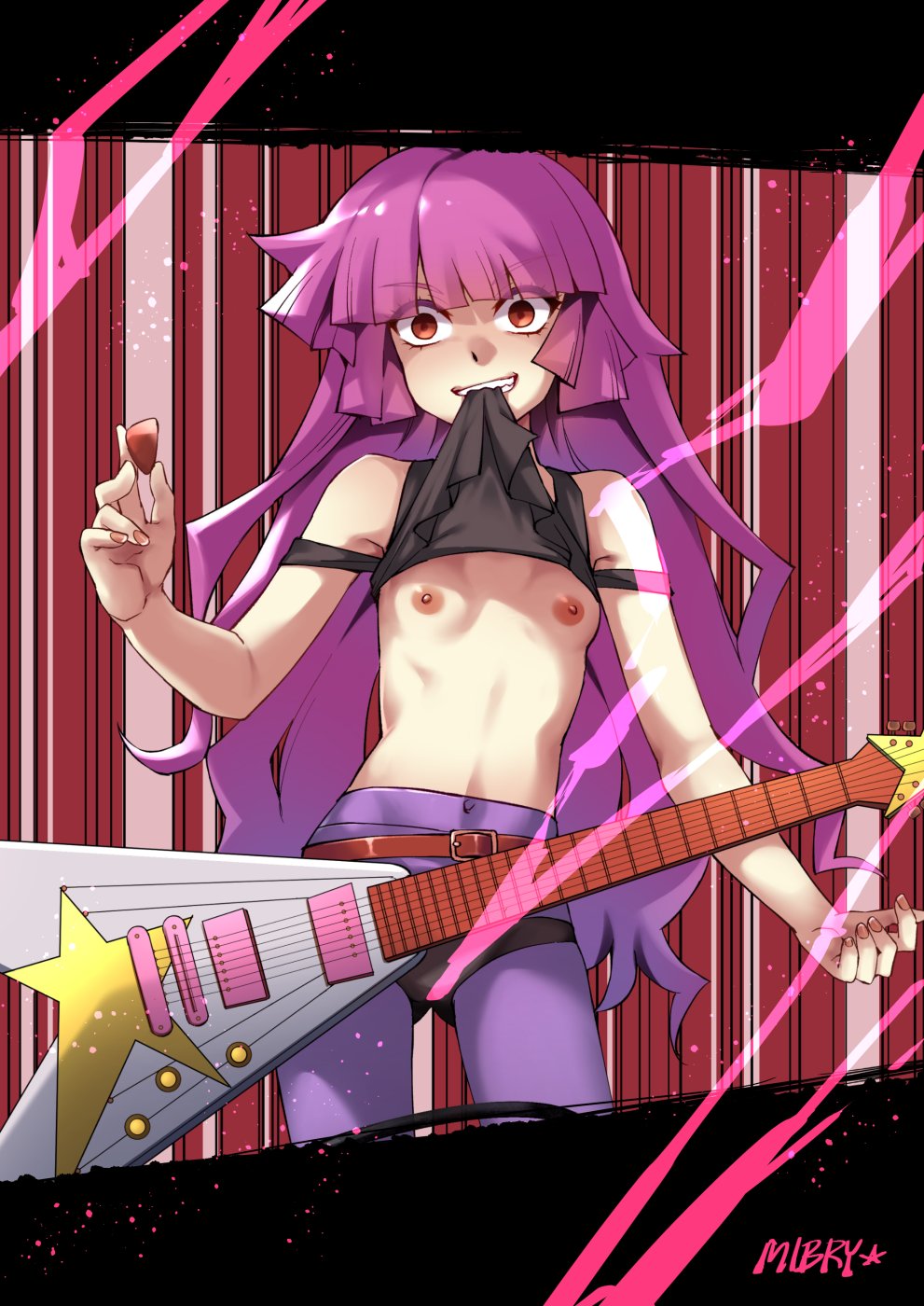 cleavage female_only footwear hair_between_eyes kirishima_romin long_hair looking_at_viewer mibry_(phrysm) nipples no_bra orange_eyes panties purple_hair purple_pantyhose romin_kirishima shirt shirt_lift small_breasts solo_focus uncensored underwear yu-gi-oh! yu-gi-oh!_sevens