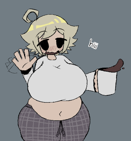 1girls blonde_hair blush breasts chubby clothed coffee female_only huge_breasts meatoids mob_face pants plump shirt short_hair solo solo_female spilling_drink urotsuki waving wavy_mouth yume_2kki yume_nikki_fangame