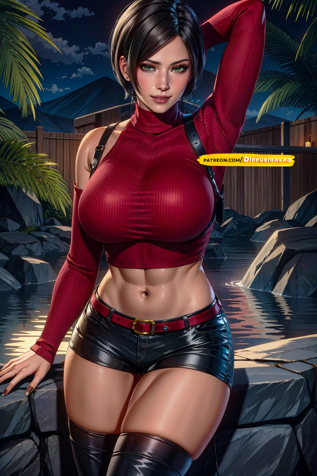 abs, ada wong, ai generated, big breasts, black hair, blue eyes, breasts, capcom, diffusionlad, female, female only, front view, medium breasts, red sweater, resident evil, resident evil 4, resident evil 4 remake, short hair, stable diffusion, thick thighs