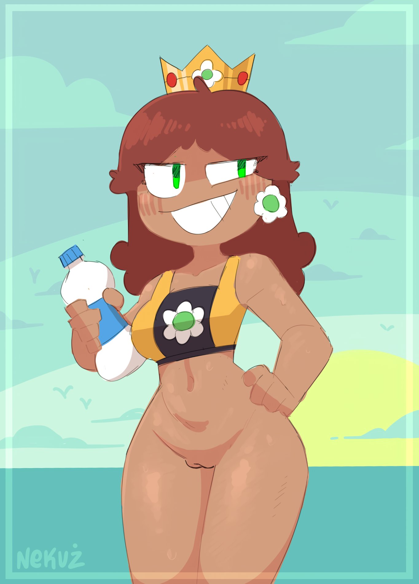 1girls bird birds blush bottle bottomless bottomless_female brown_hair crop crown female female_only flower flower_earrings green_eyes looking_at_viewer mario_(series) navel nekuzx nintendo no_panties no_pants ocean princess_daisy pussy smile smirk solo solo_focus tan_skin