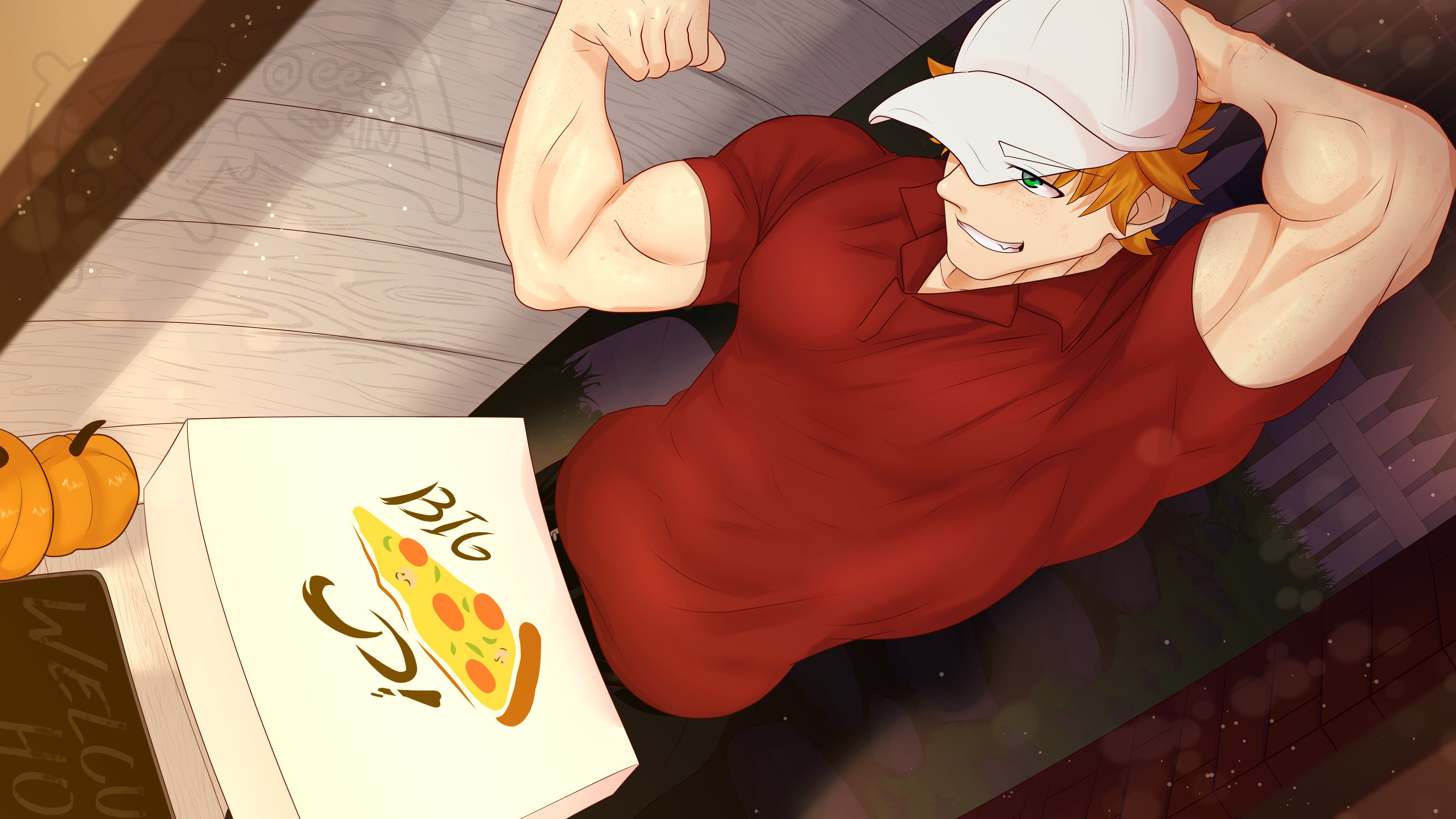1boy, arms up, bryce callahan, eeee san, gay, green eyes, jock studio, male, male only, muscles, no visible genitalia, orange hair, pizza box, pizza delivery, red shirt, showing off, smile, solo, yaoi