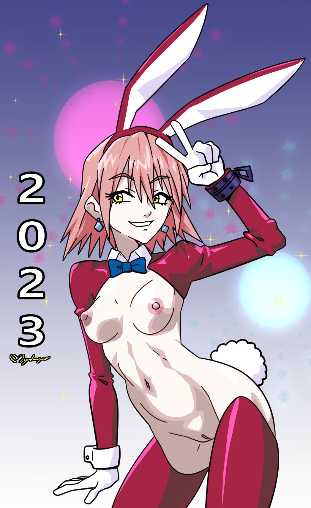 1girls 2023 areolae bowtie breasts bunny_ears bunny_tail bunnysuit detached_collar earrings female female_only flcl haruko_haruhara myahogao nipples peace_sign pink_hair pinup pussy reverse_bunnysuit solo_female v wrist_cuffs yellow_eyes